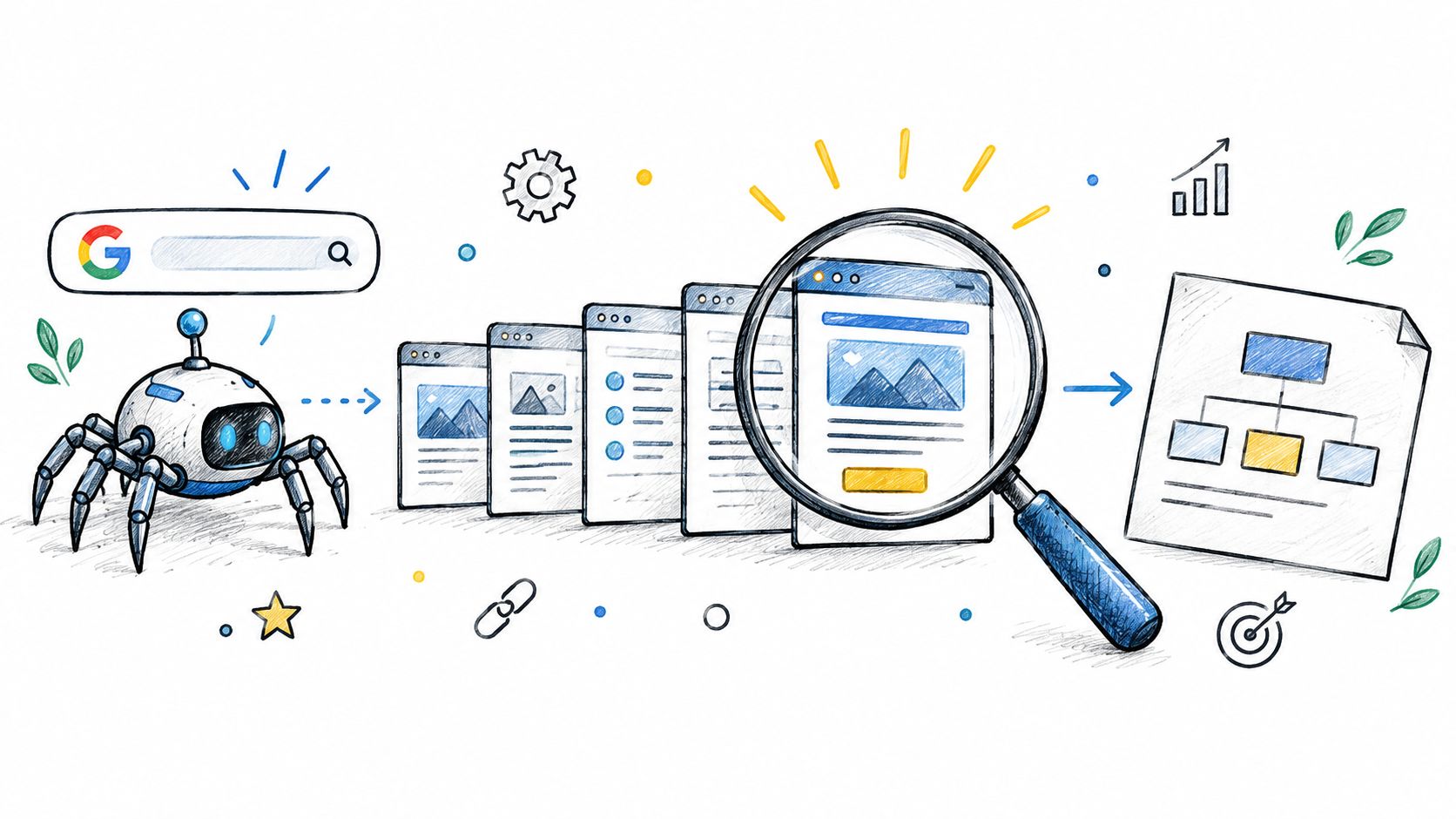 A digital illustration showing a web crawling bot analyzing website pages with a magnifying glass for SEO.