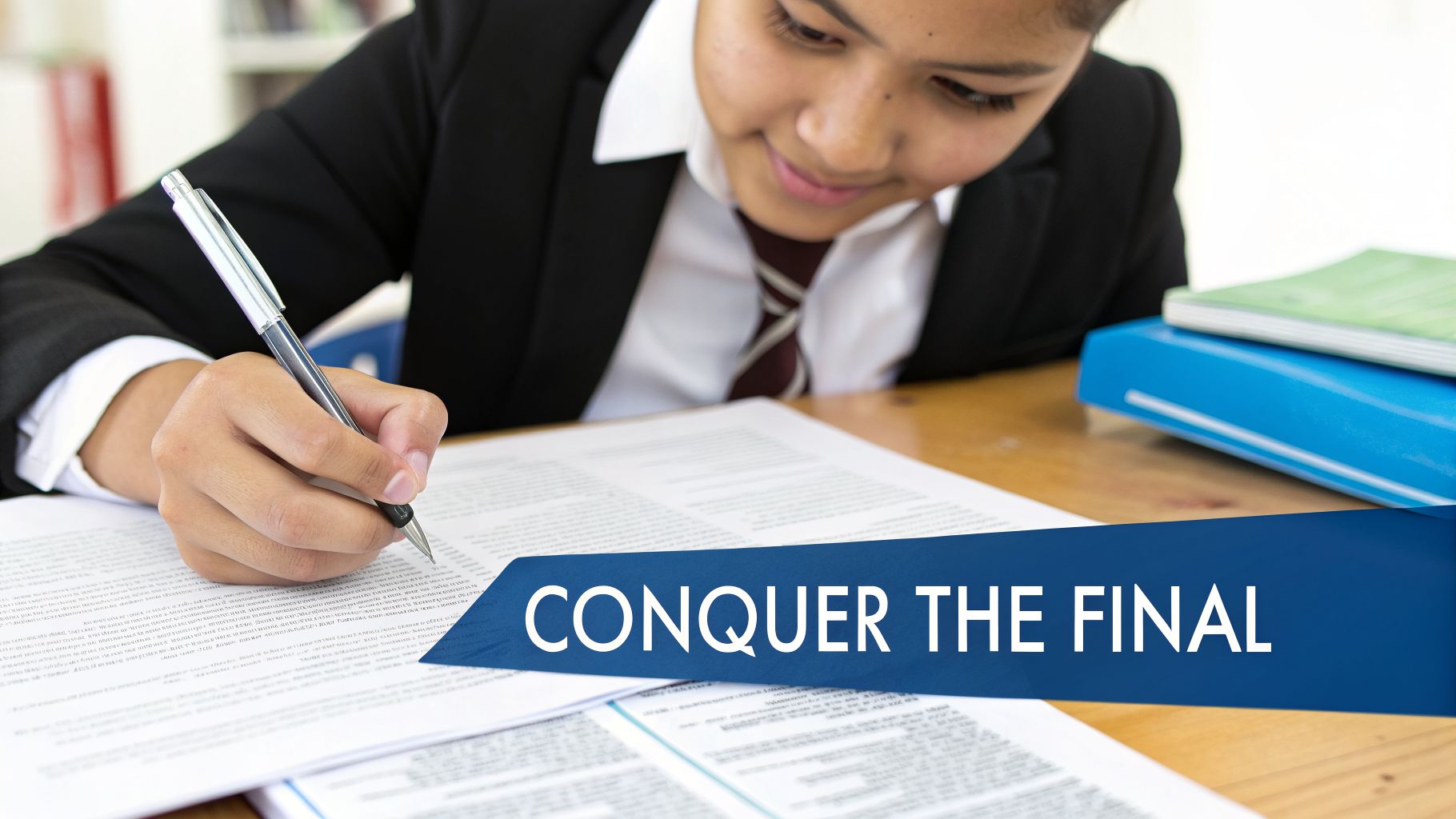 A smiling student in a suit and tie is diligently writing on study papers for an exam.