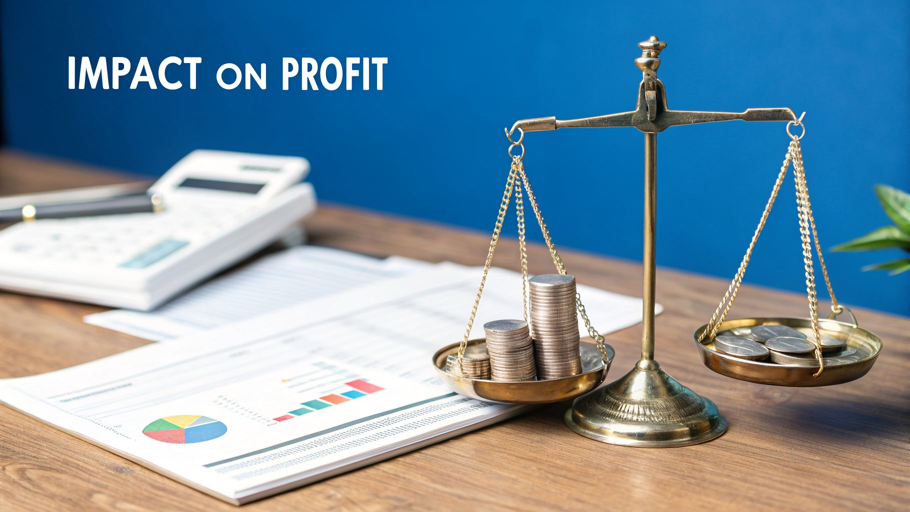 Financial analysis scene showing a balance scale with coins, calculator, and documents illustrating profit impact.