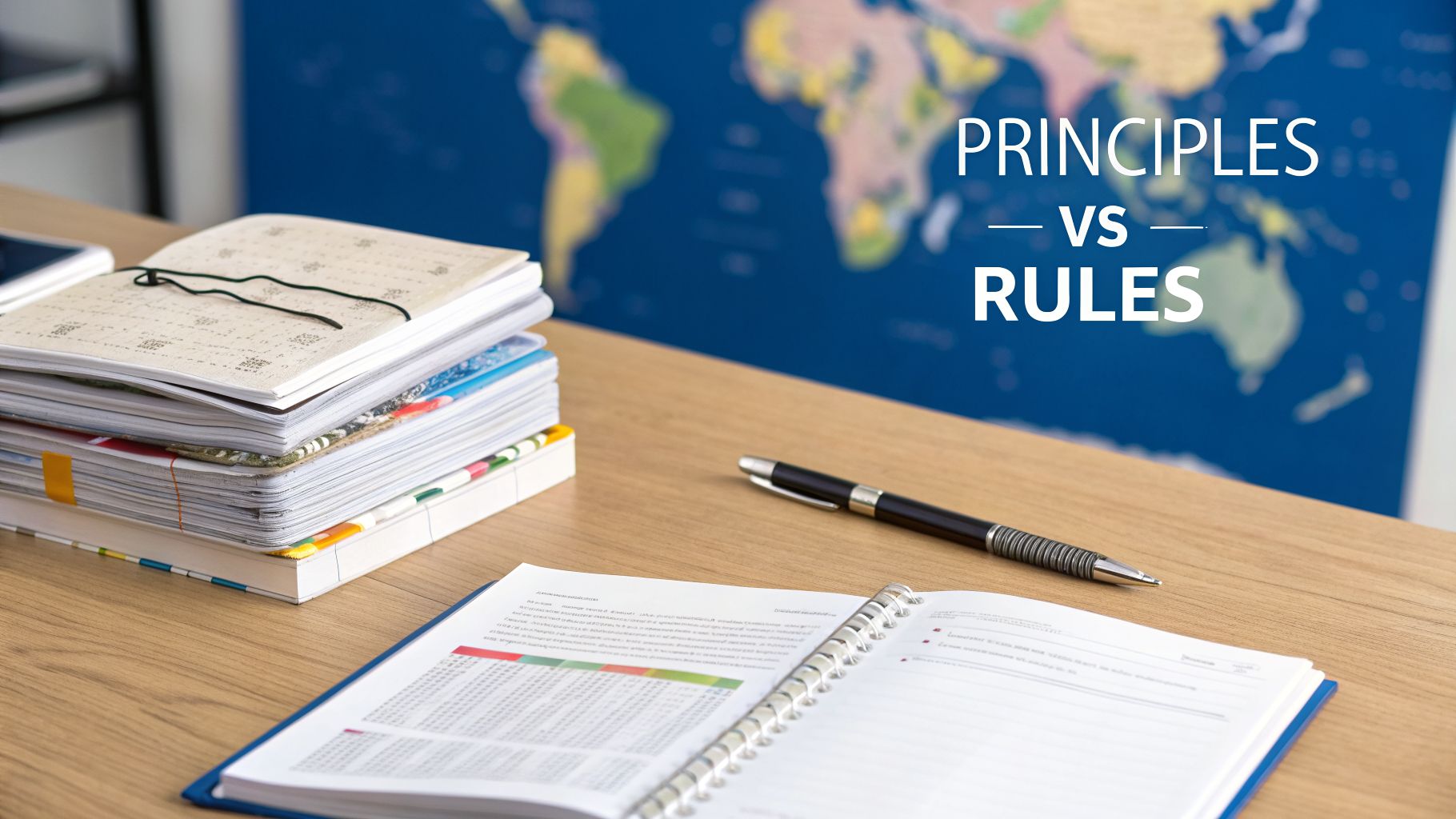 A desk with stacked books, an open notebook, a pen, and a world map with 'PRINCIPLES VS RULES' text.
