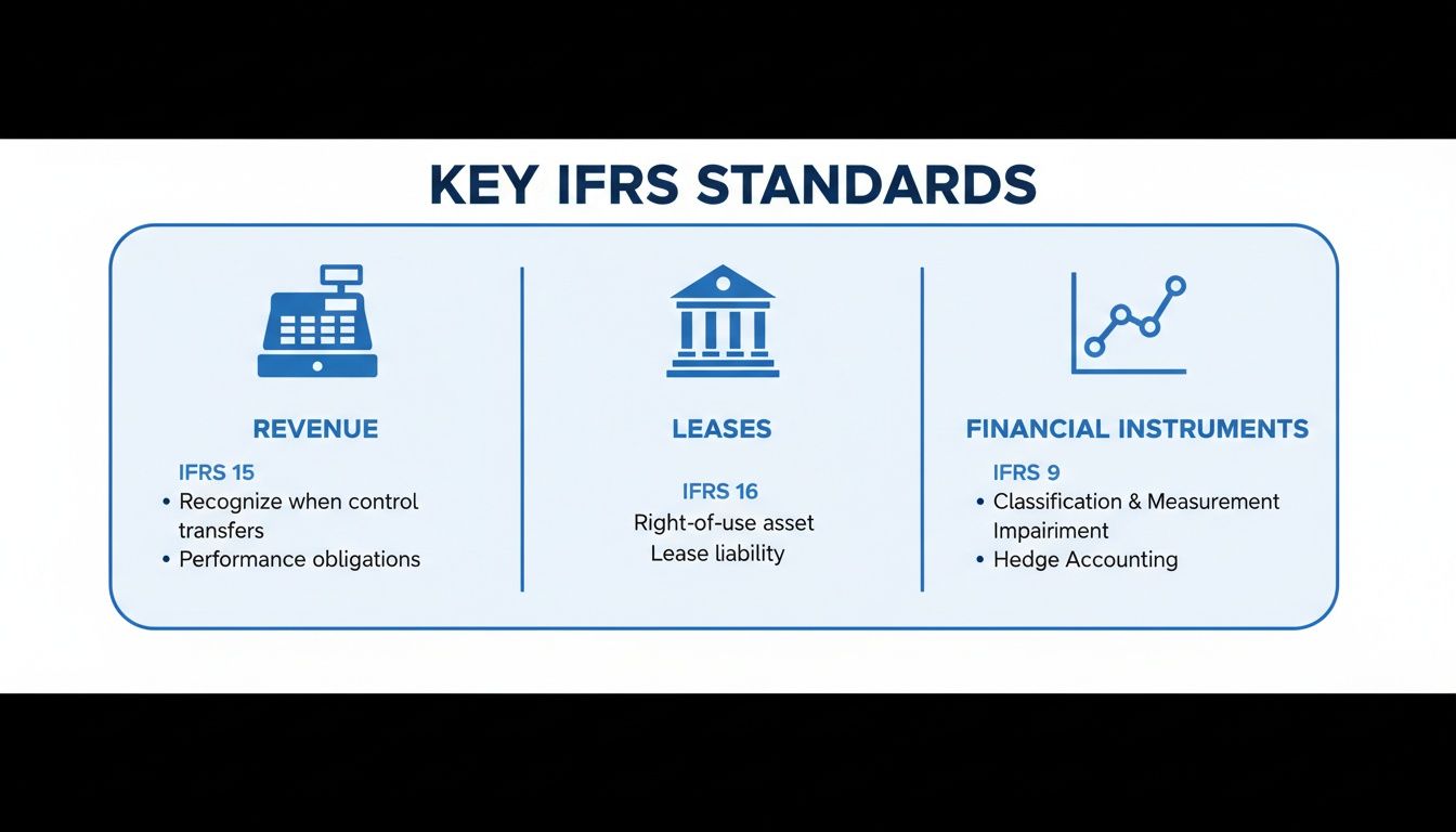 Infographic outlining key IFRS accounting standards for revenue, leases, and financial instruments with descriptions.