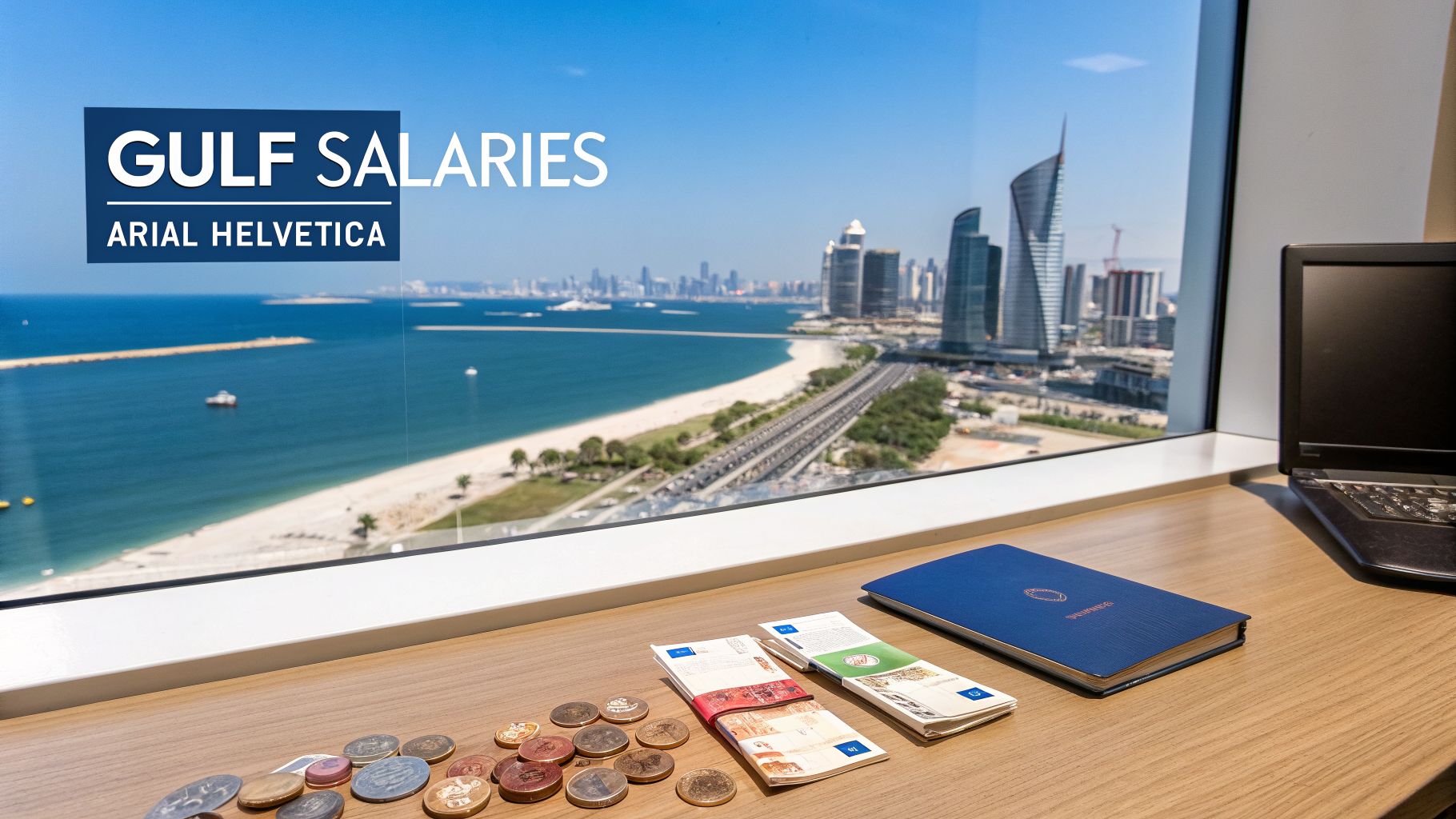 A desk with coins, banknotes, and a book, overlooking a modern Gulf city, beach, and sea.