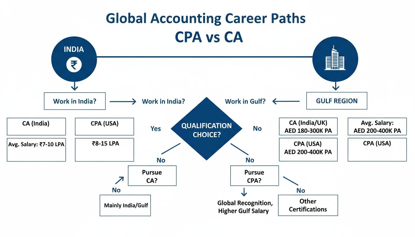 Flowchart comparing accounting career paths, qualifications (CPA vs CA), and salaries in India and the Gulf Region.