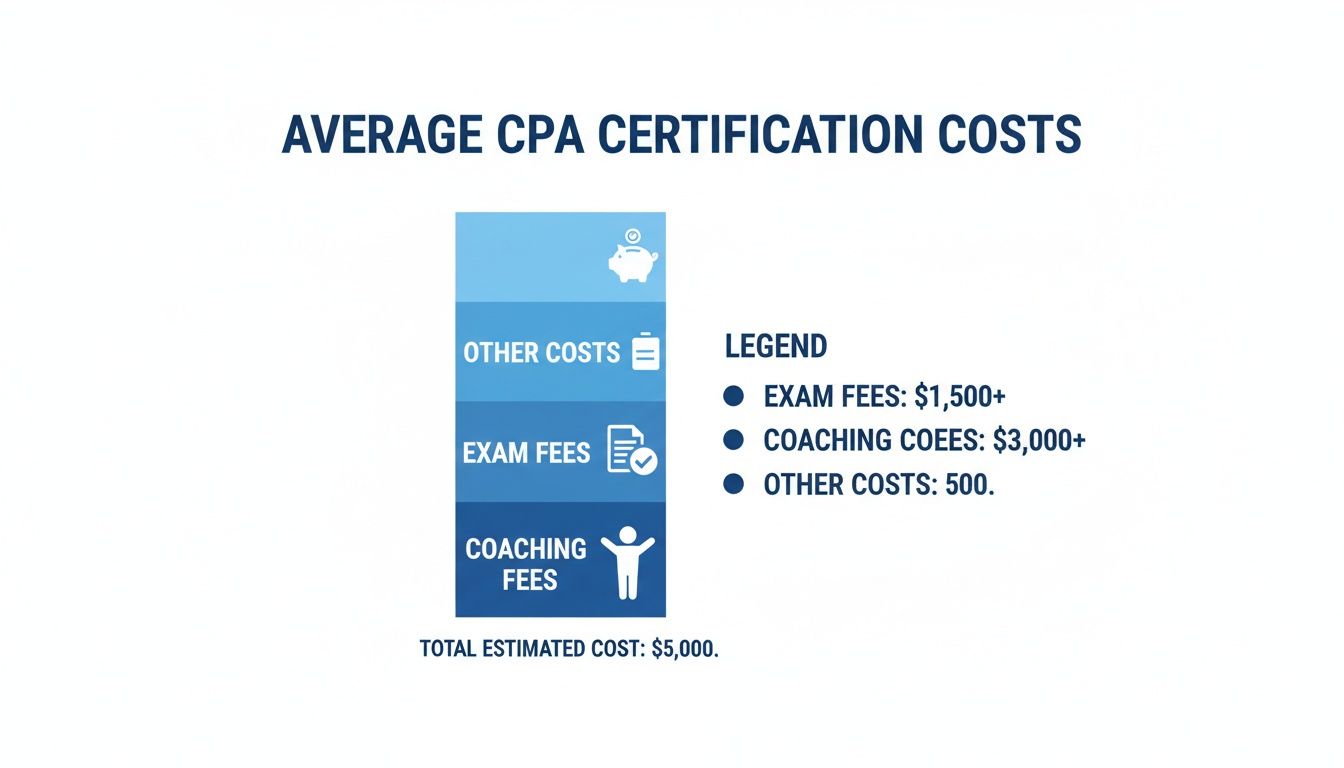 Infographic detailing average CPA certification costs, including exam, coaching, and other estimated fees.