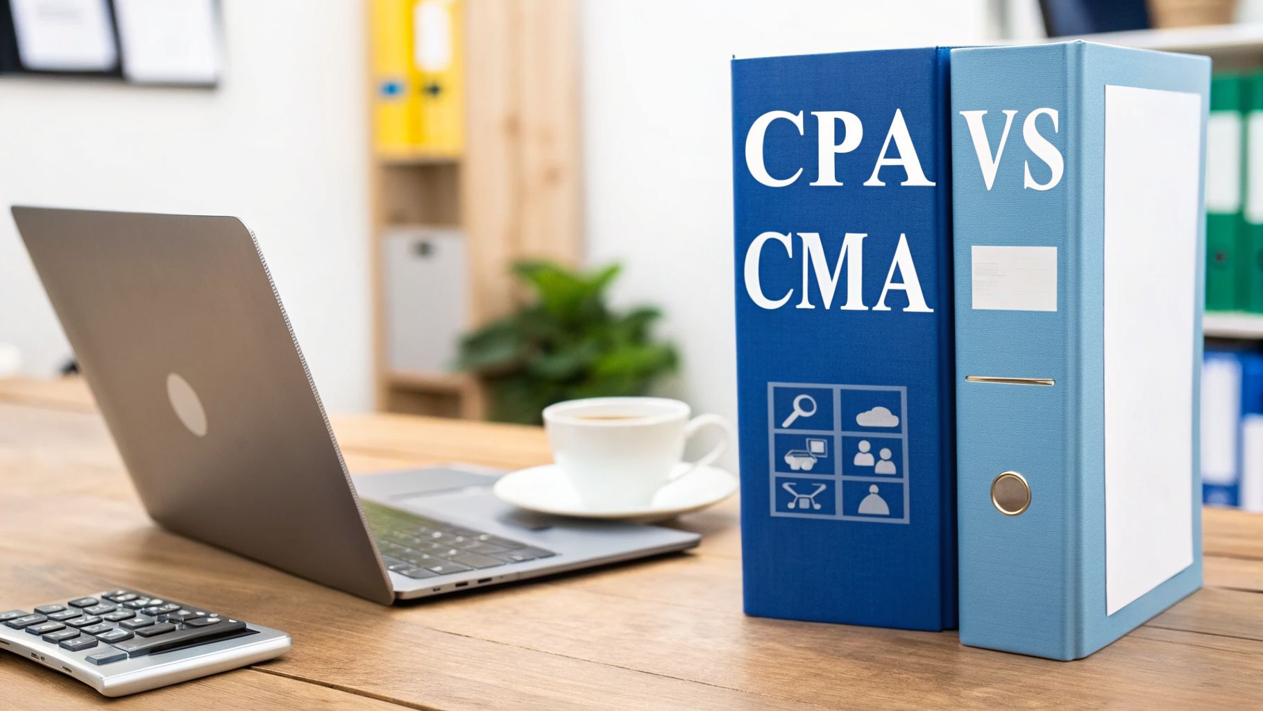 Office desk with laptop, calculator, coffee, and 'CPA vs CMA' binders for professional comparison.