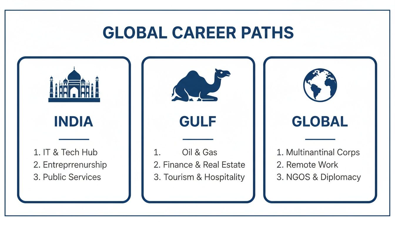 Infographic illustrating global career paths in India, Gulf, and worldwide categories.