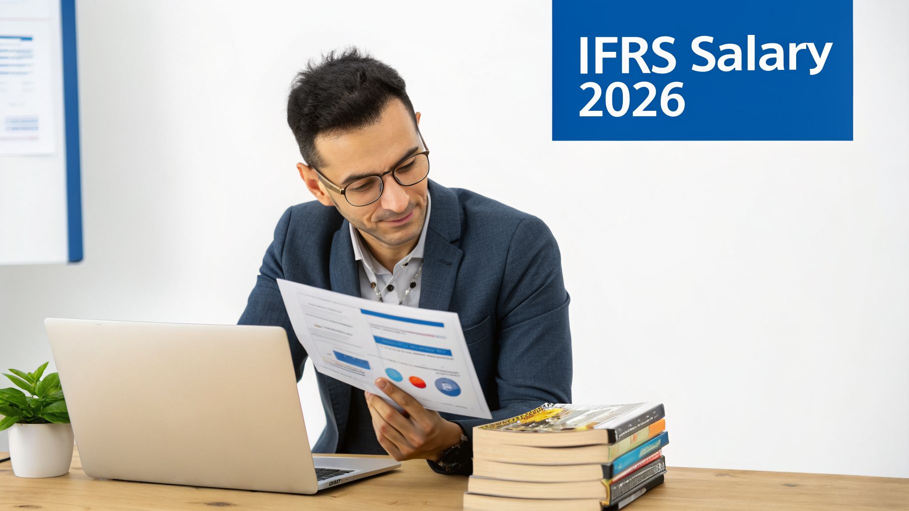 A focused man in glasses reviews financial documents at a desk with a laptop and books. IFRS Salary 2026.