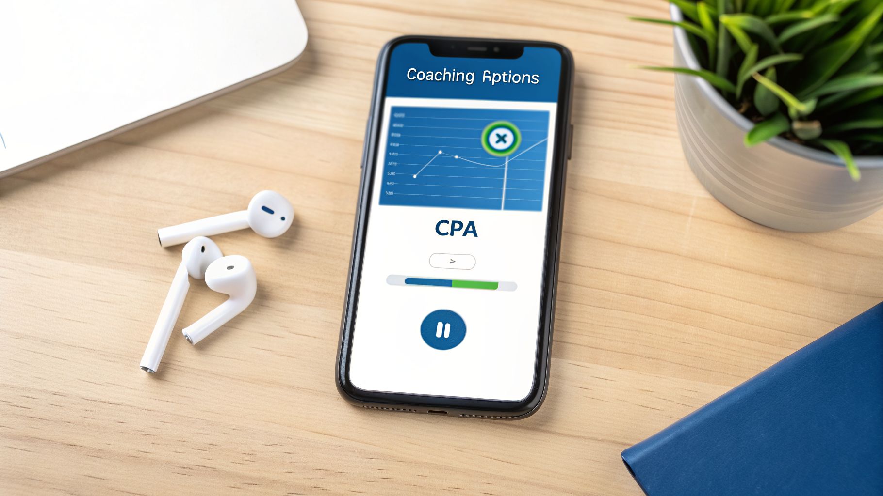 Overhead view of a smartphone displaying a 'CPA' app, wireless earbuds, a laptop, and a plant.