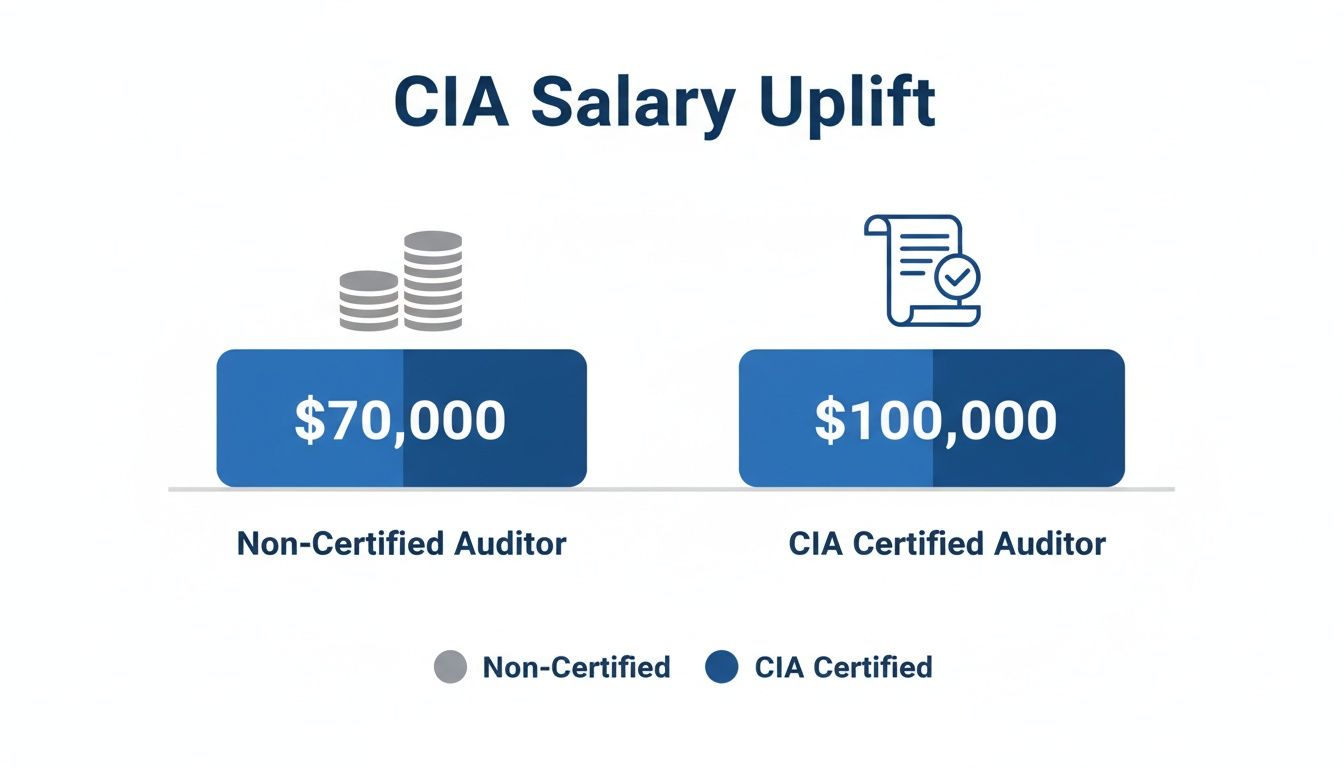CIA Salary Uplift: Non-certified auditors earn $70,000, while CIA certified auditors earn $100,000.