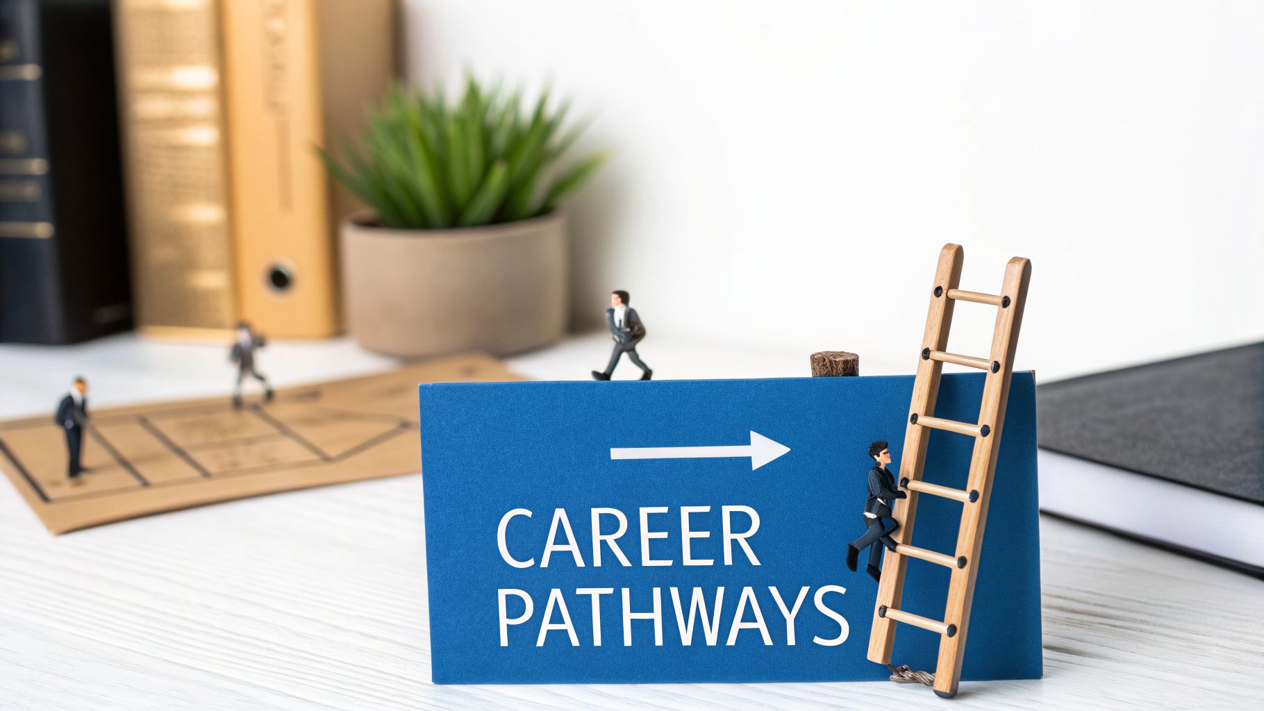 Miniature businessmen navigating 'Career Pathways' sign with one climbing a ladder, symbolizing professional advancement.