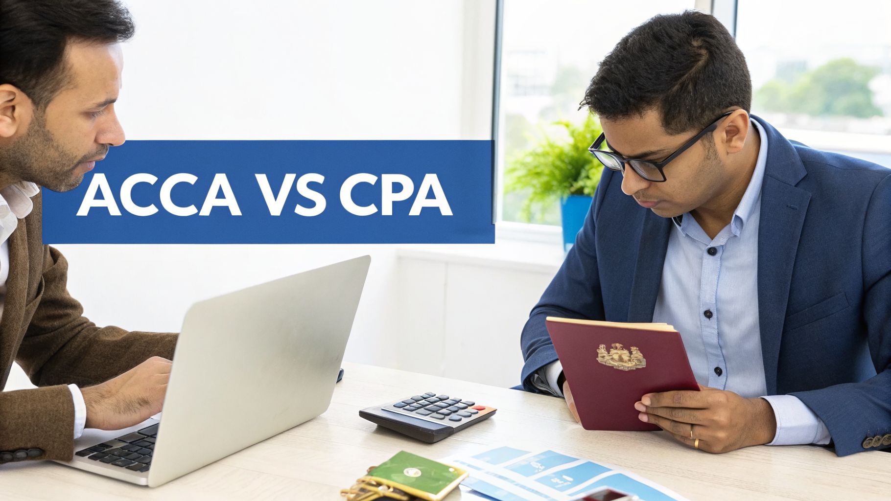 Two professionals comparing ACCA and CPA certifications, one on a laptop, one reviewing documents.