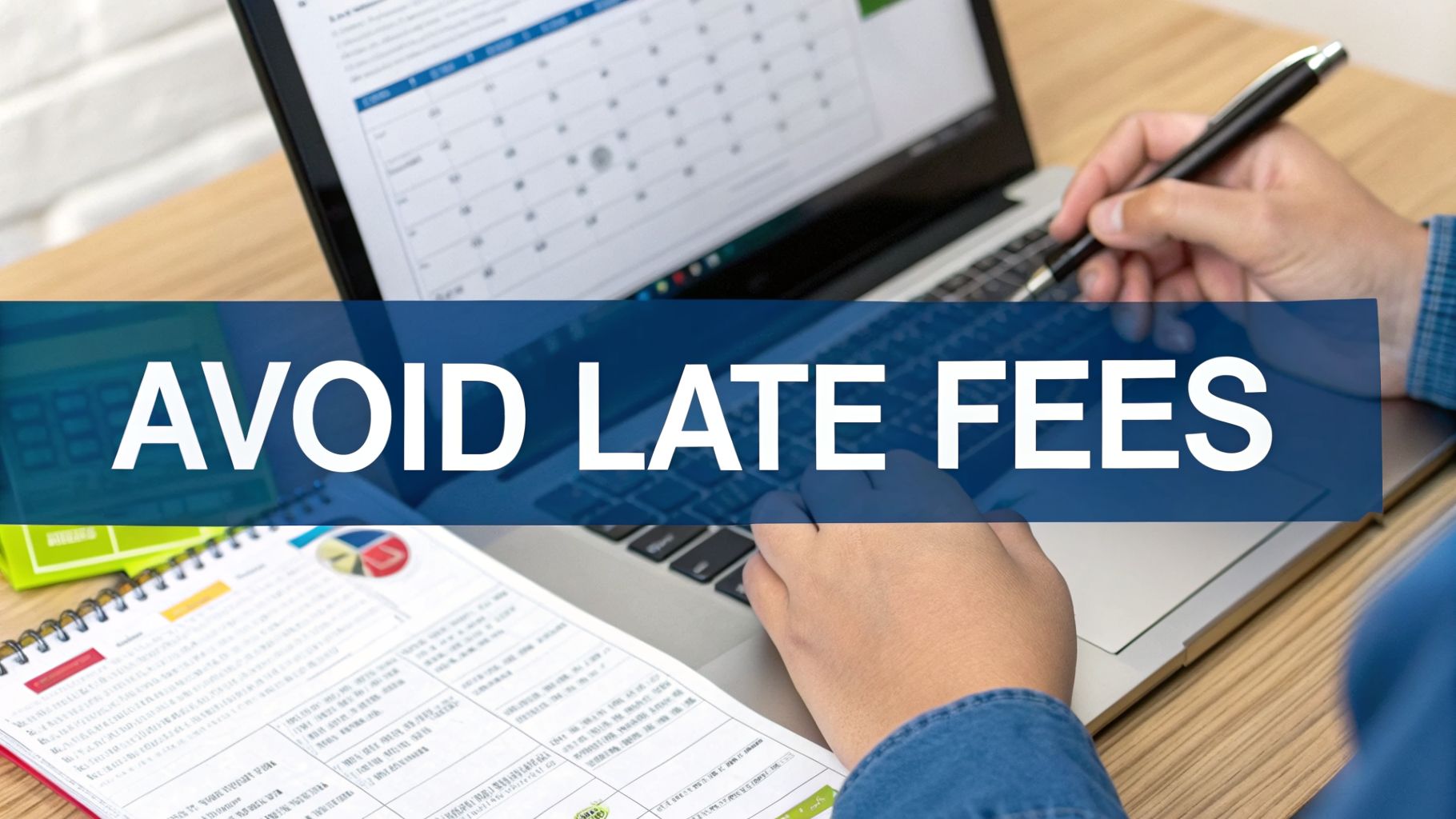 A person uses a laptop and calendar, with the text 'AVOID LATE FEES' overlaid, suggesting financial planning.