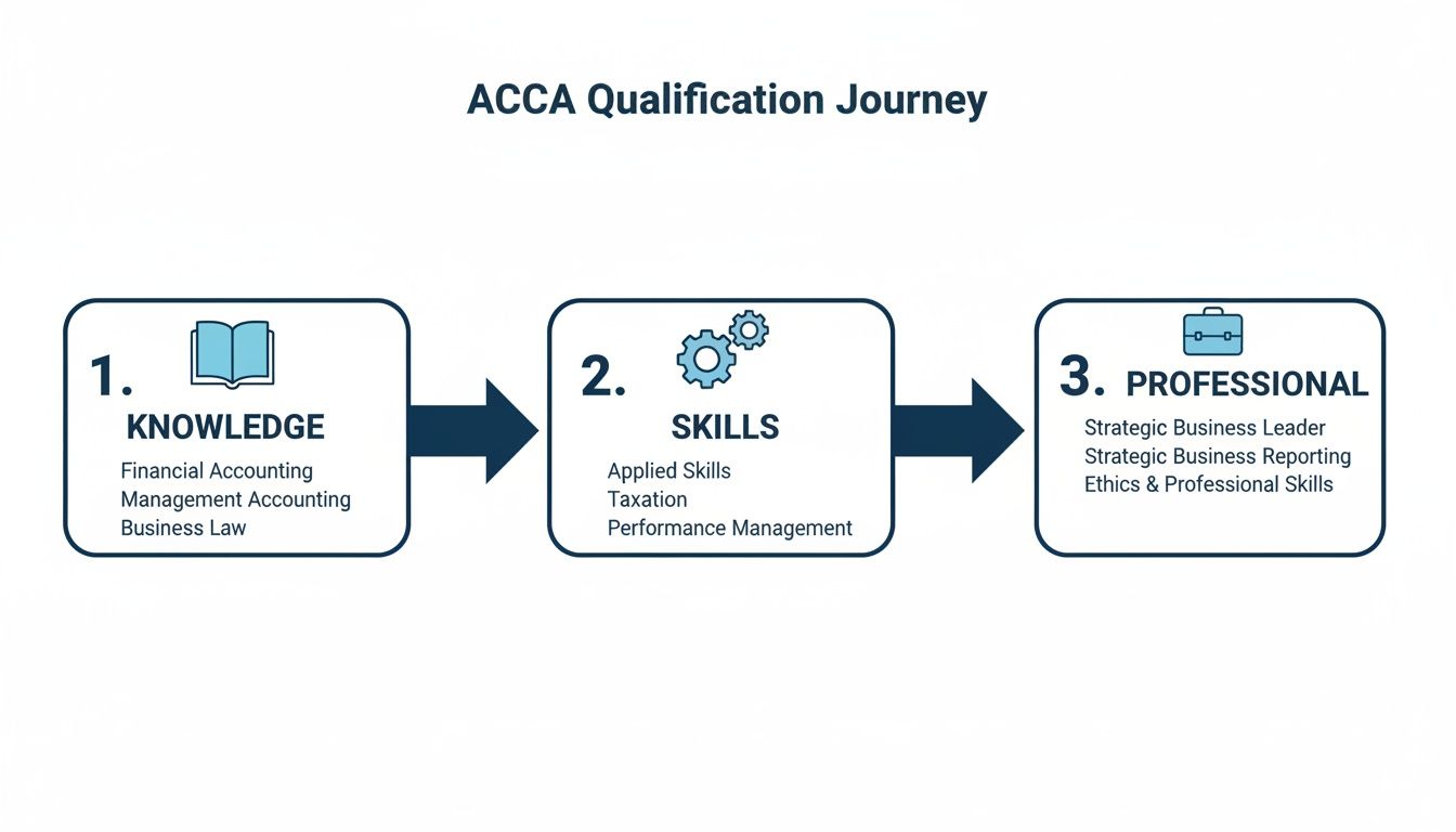 Diagram illustrating the ACCA Qualification Journey, showing three stages: Knowledge, Skills, and Professional.