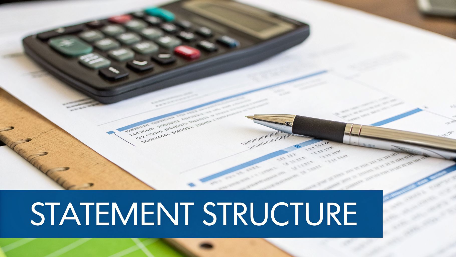 A calculator, pen, and document with charts and text, captioned 'STATEMENT STRUCTURE', illustrating financial analysis.