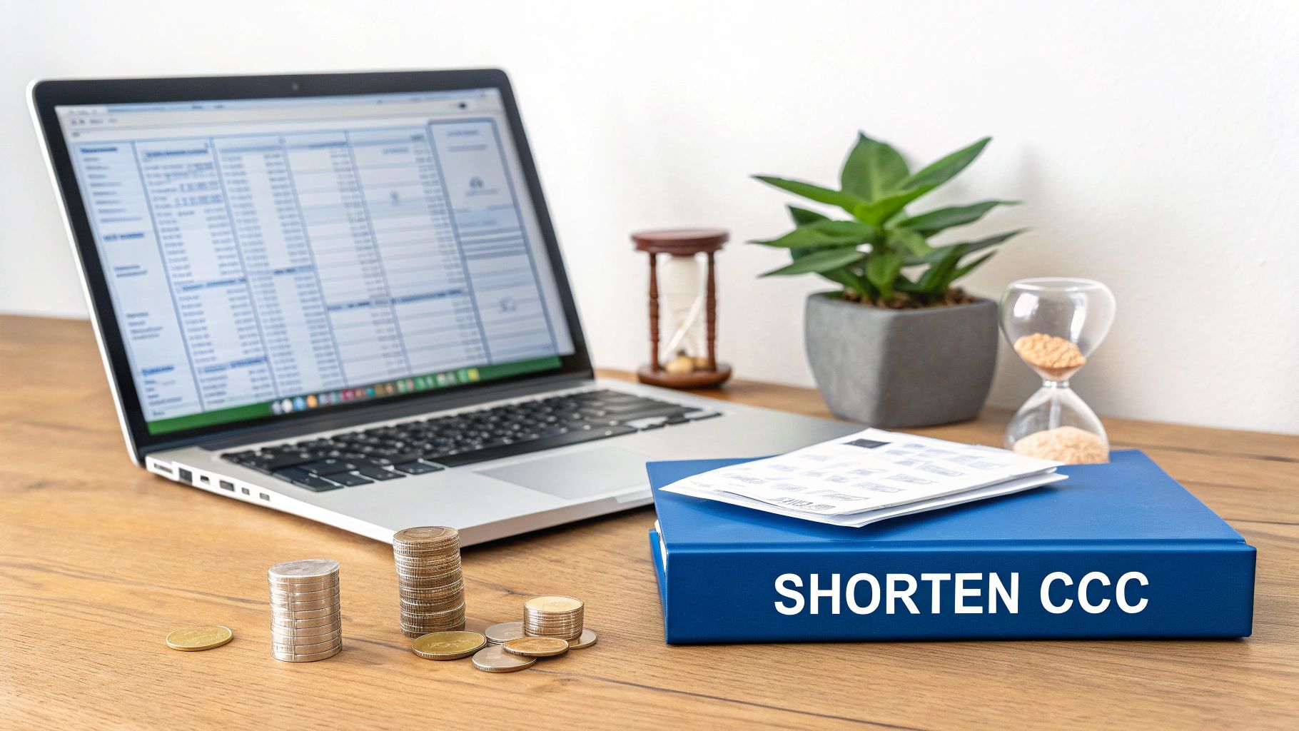 A desk with a laptop showing a spreadsheet, coins, a folder 'SHORTEN CCC', and hourglasses.