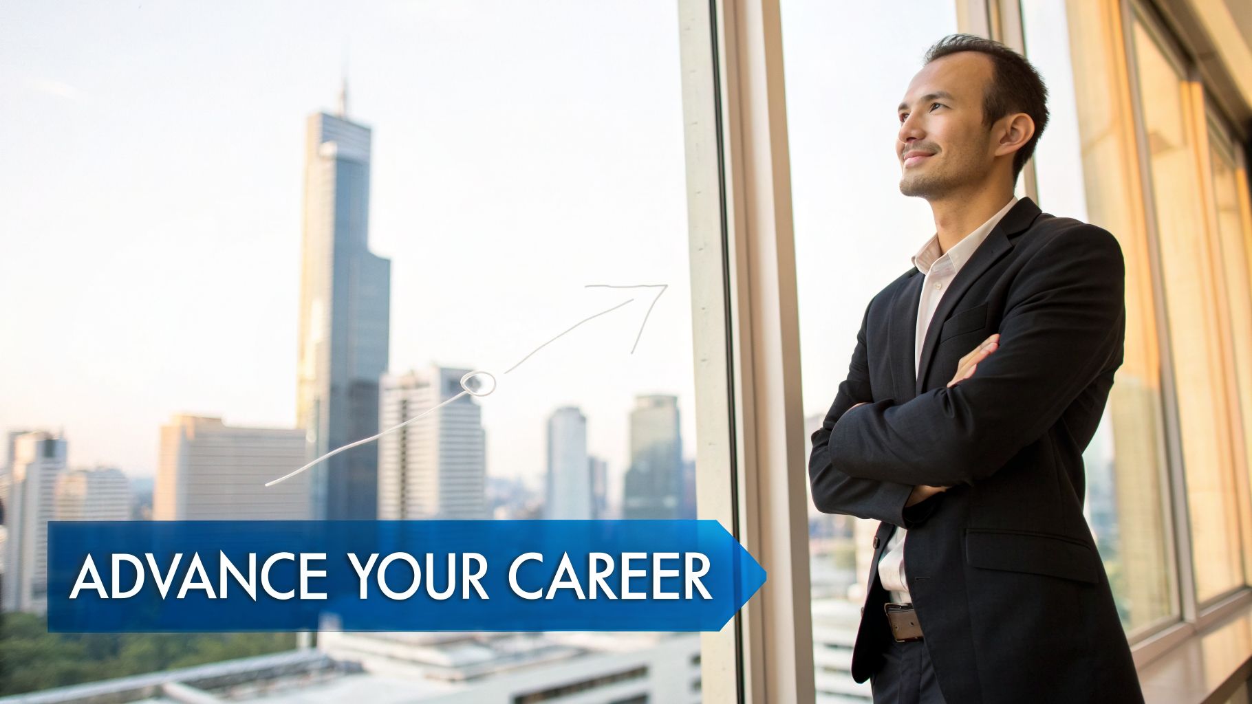A man in a suit looks out a window at a city skyline with an upward graph and “ADVANCE YOUR CAREER” text.