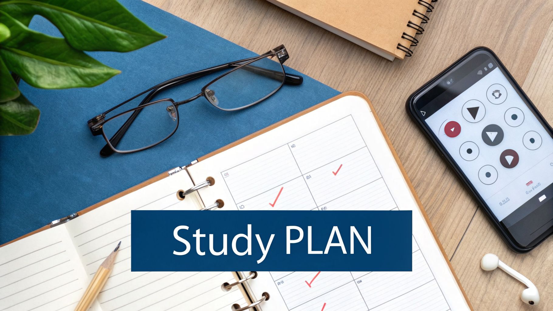 Overhead view of a study plan notebook with checkmarks, eyeglasses, pencil, smartphone, and plant on a wooden desk.