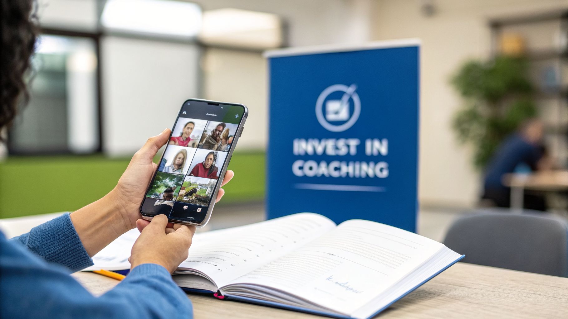 A person holds a smartphone showing a video call grid, with an open book and a 'INVEST IN COACHING' banner.