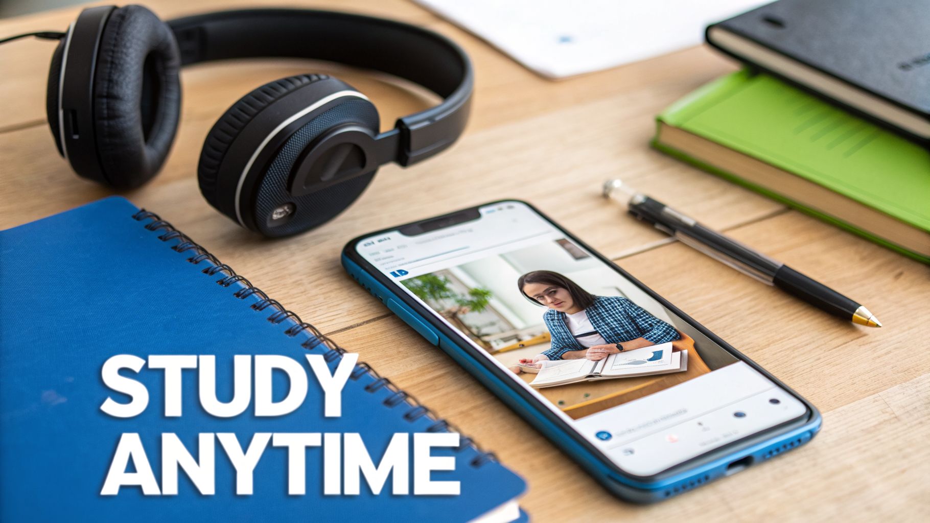 A desk with headphones, notebooks, a pen, and a phone showing a woman studying online.