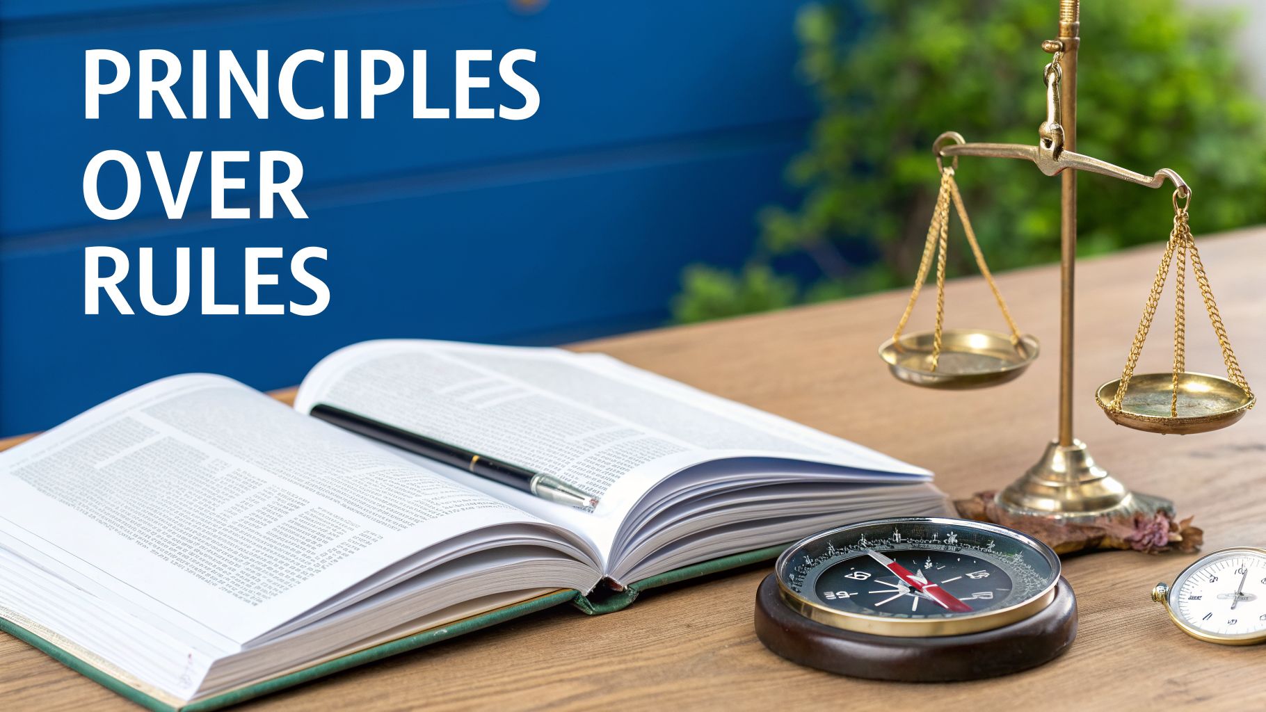 An open book, scale of justice, compass, and clock on a desk with 'Principles Over Rules' text.
