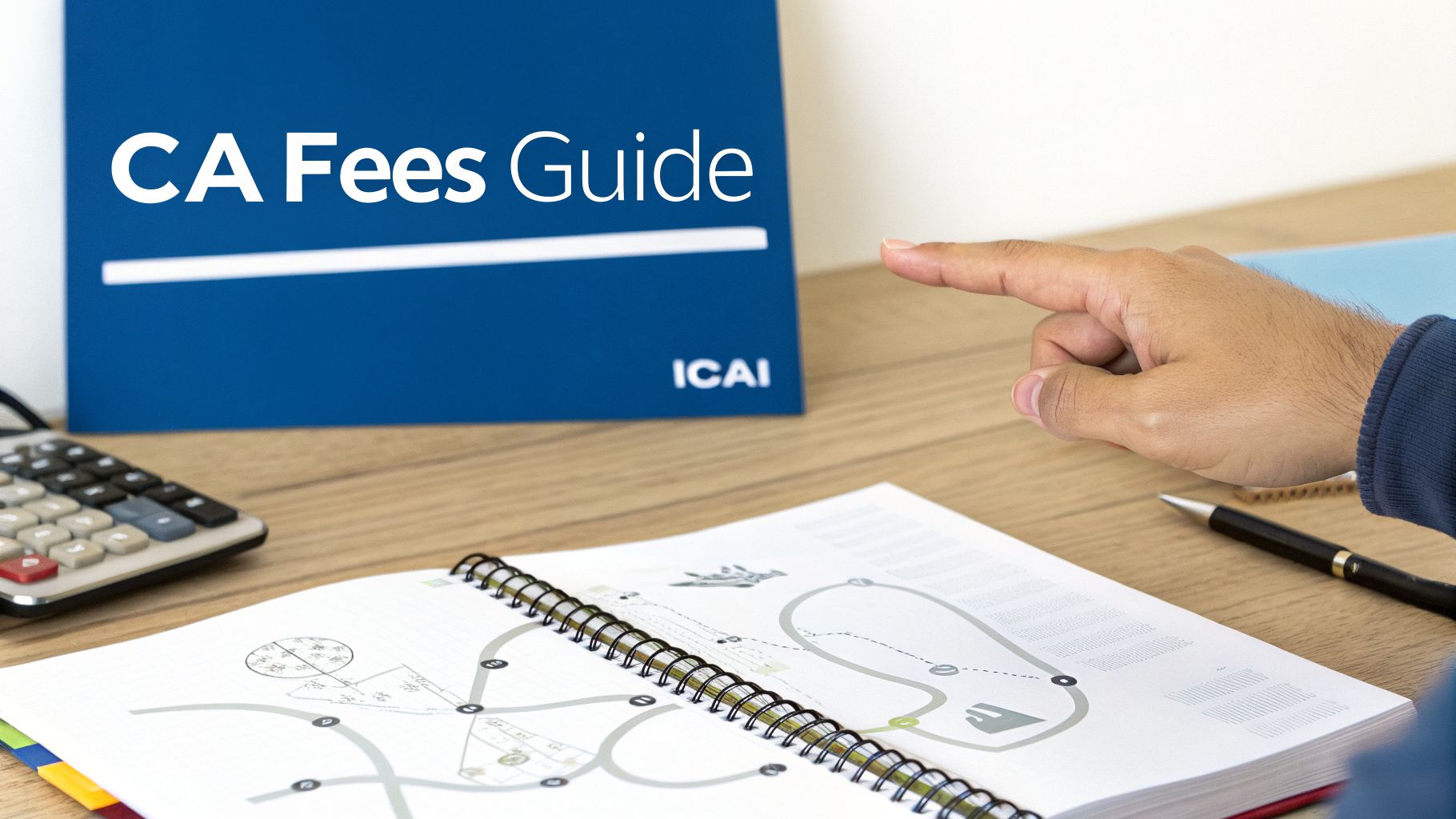 Person pointing at a 'CA Fees Guide' folder on a desk with a calculator and notebook.