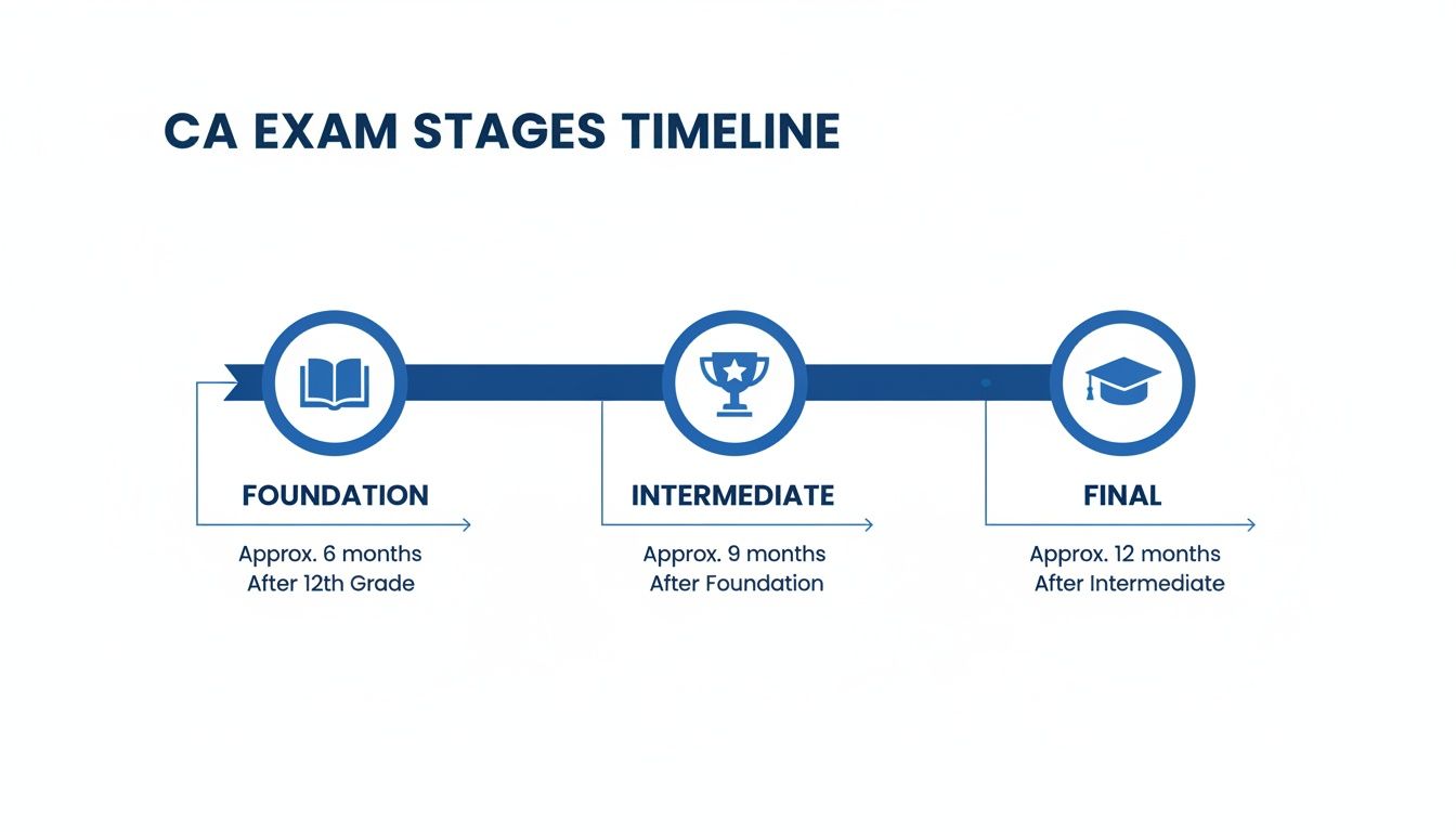 A timeline diagram illustrating the CA exam stages: Foundation, Intermediate, and Final, with approximate durations.