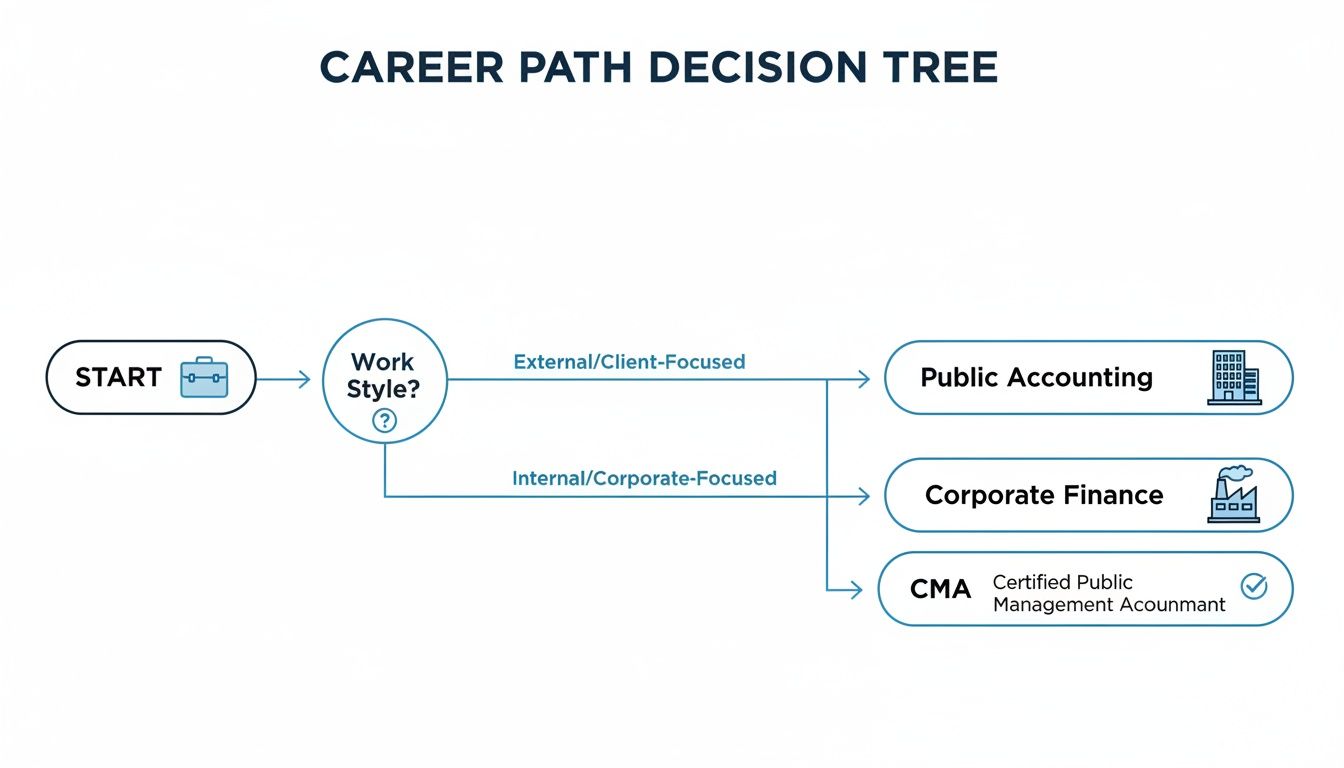 A decision tree illustrating accounting and finance career paths based on work style.