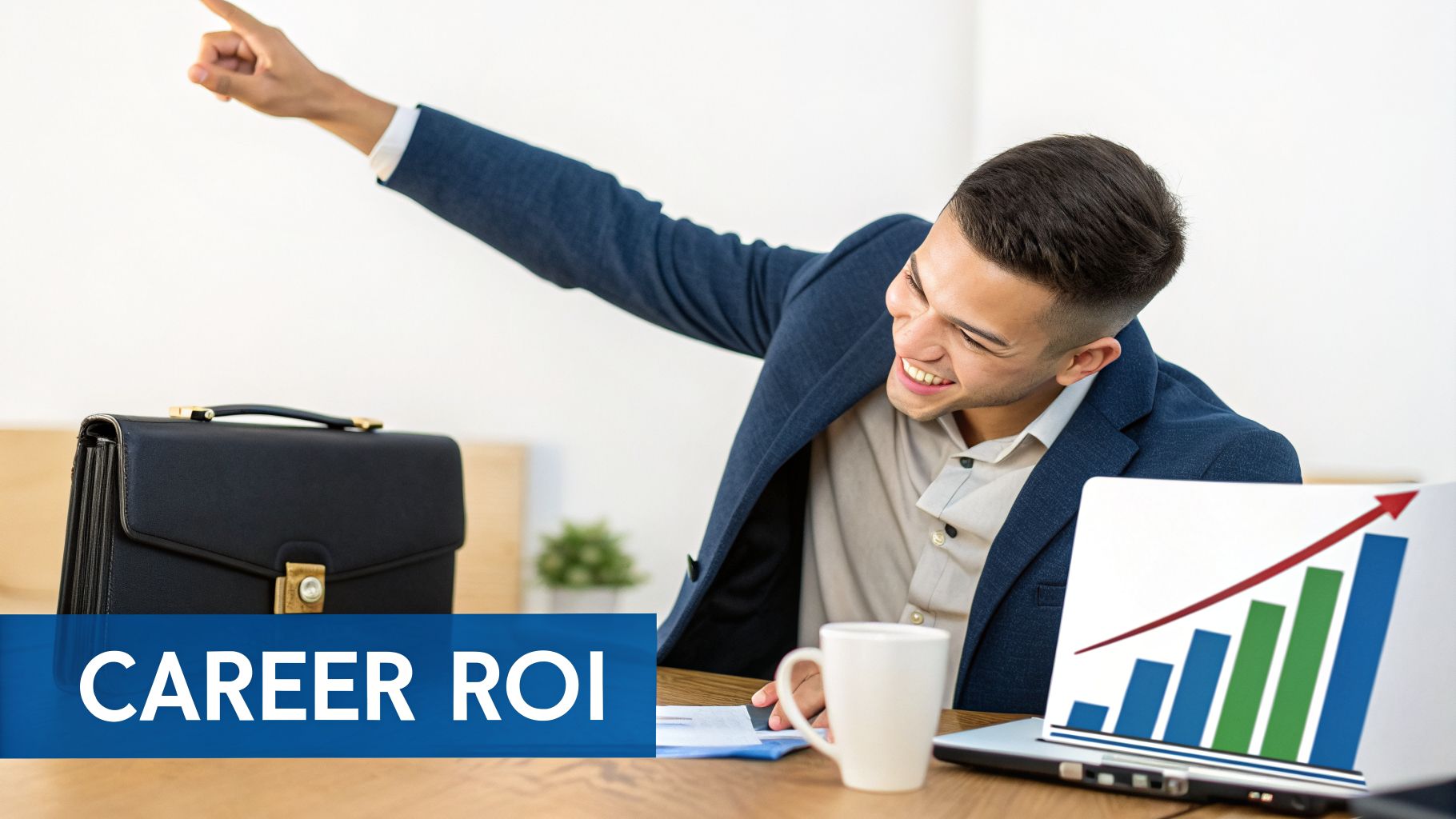 Enthusiastic businessman celebrating career growth with a laptop displaying an upward trend chart.