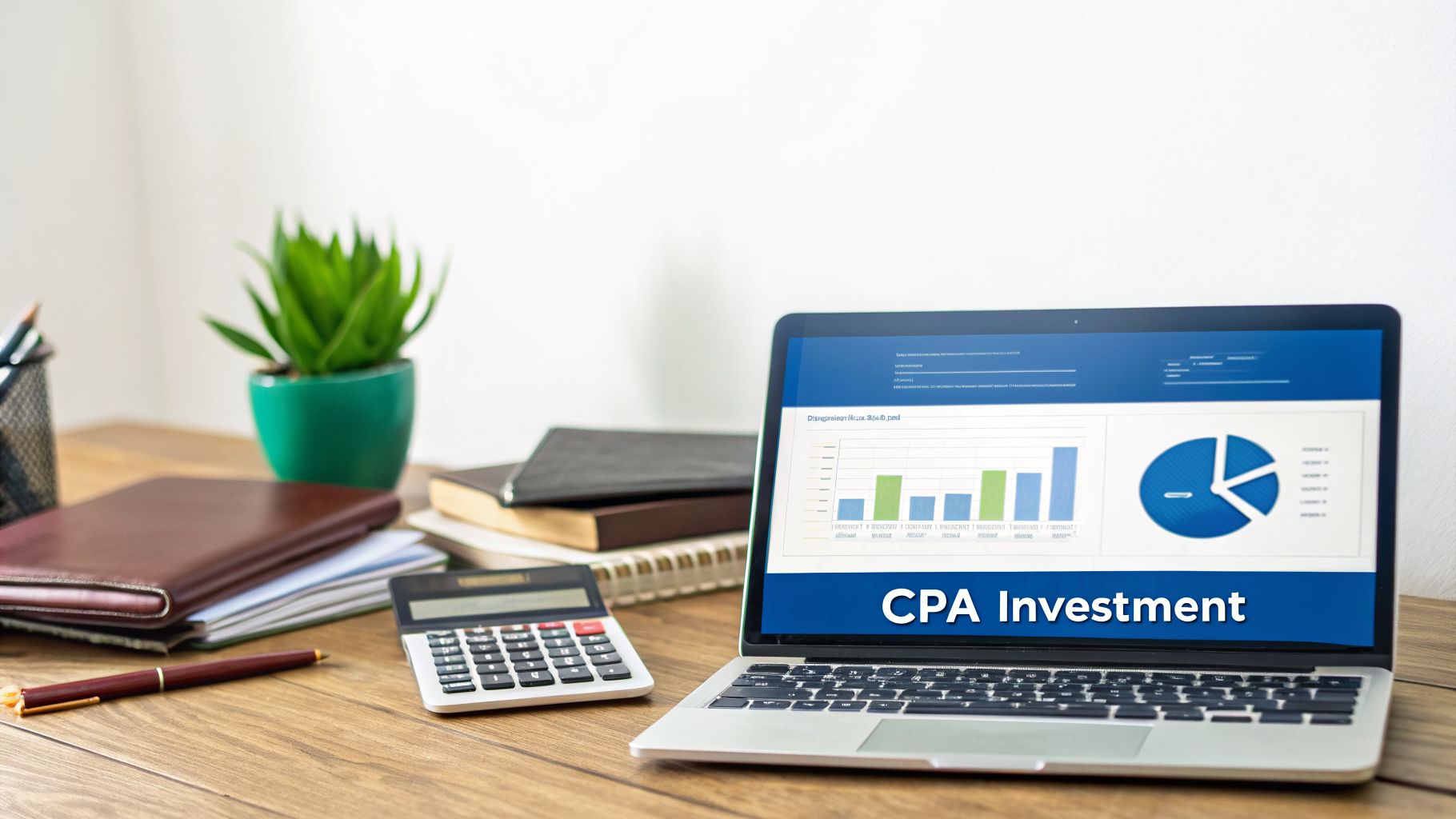 A laptop displaying CPA Investment on screen, alongside a calculator, pen, and notebooks on a wooden desk.