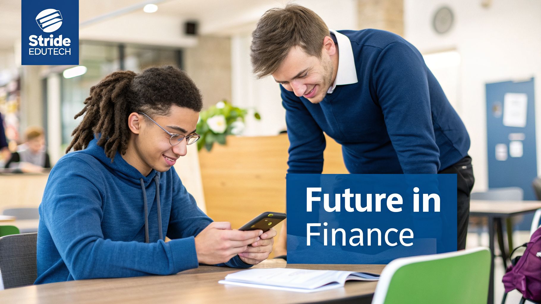 A young student and an instructor engaging in a finance discussion, with 'Future in Finance' text.