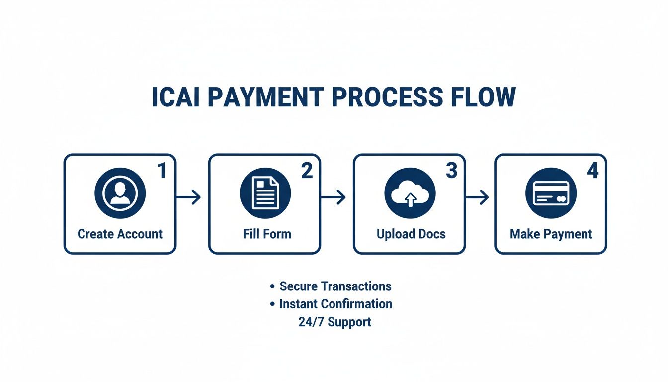 A diagram illustrating the ICAI payment process flow with four steps: Create Account, Fill Form, Upload Docs, Make Payment.