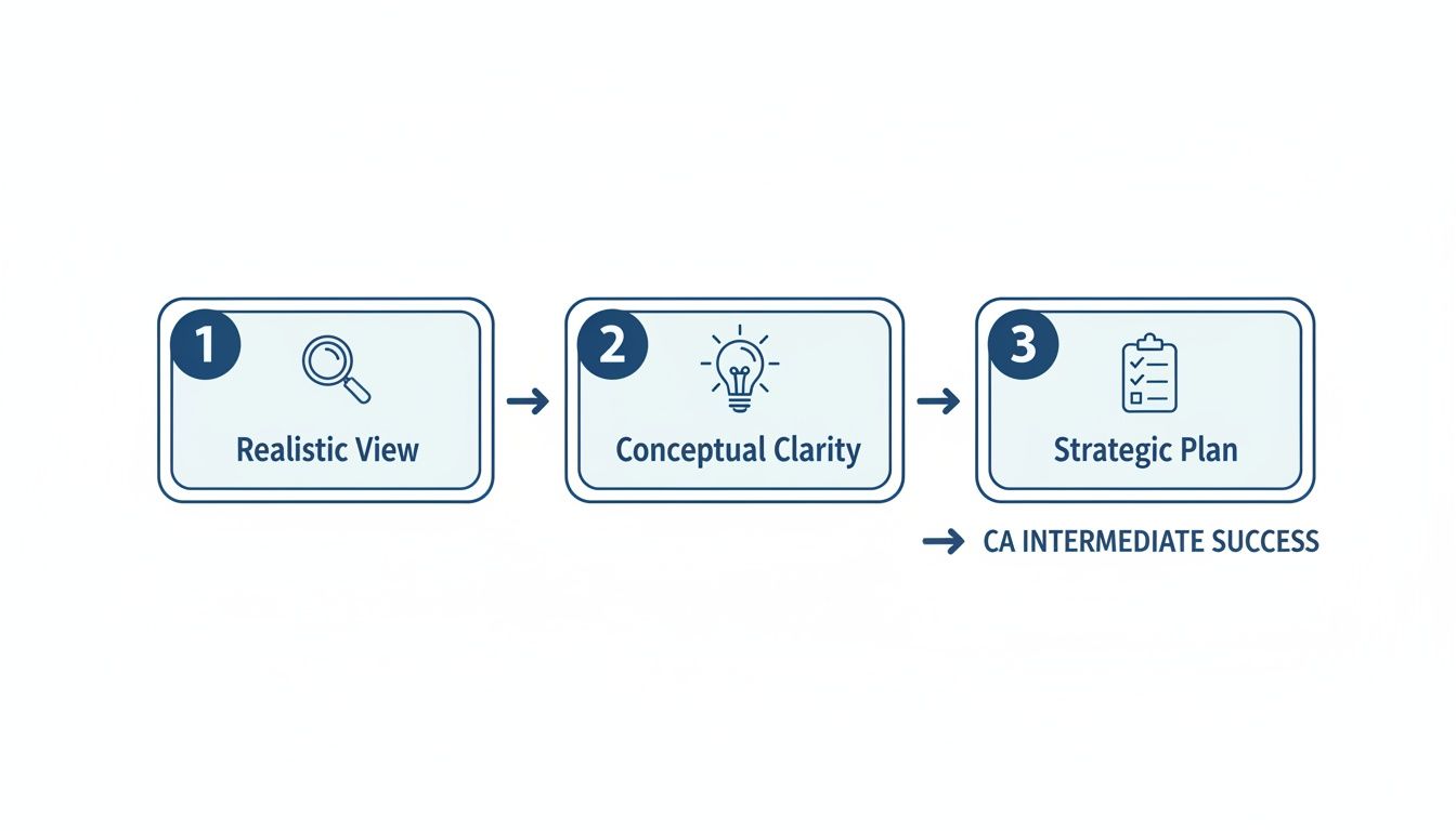 A three-step process diagram showing Realistic View, Conceptual Clarity, and Strategic Plan leading to CA Intermediate success.