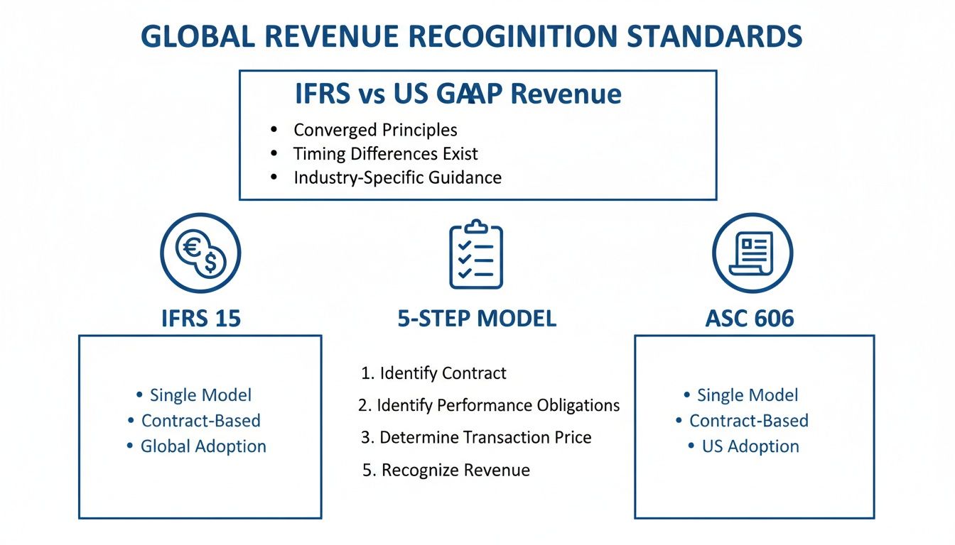 Diagram comparing IFRS 15 and ASC 606 revenue recognition standards, highlighting a 5-step model and key differences.