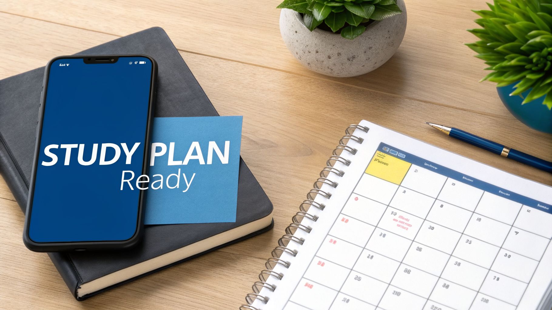 A smartphone displaying 'STUDY PLAN Ready' on its screen, next to a notebook and a calendar on a wooden desk.