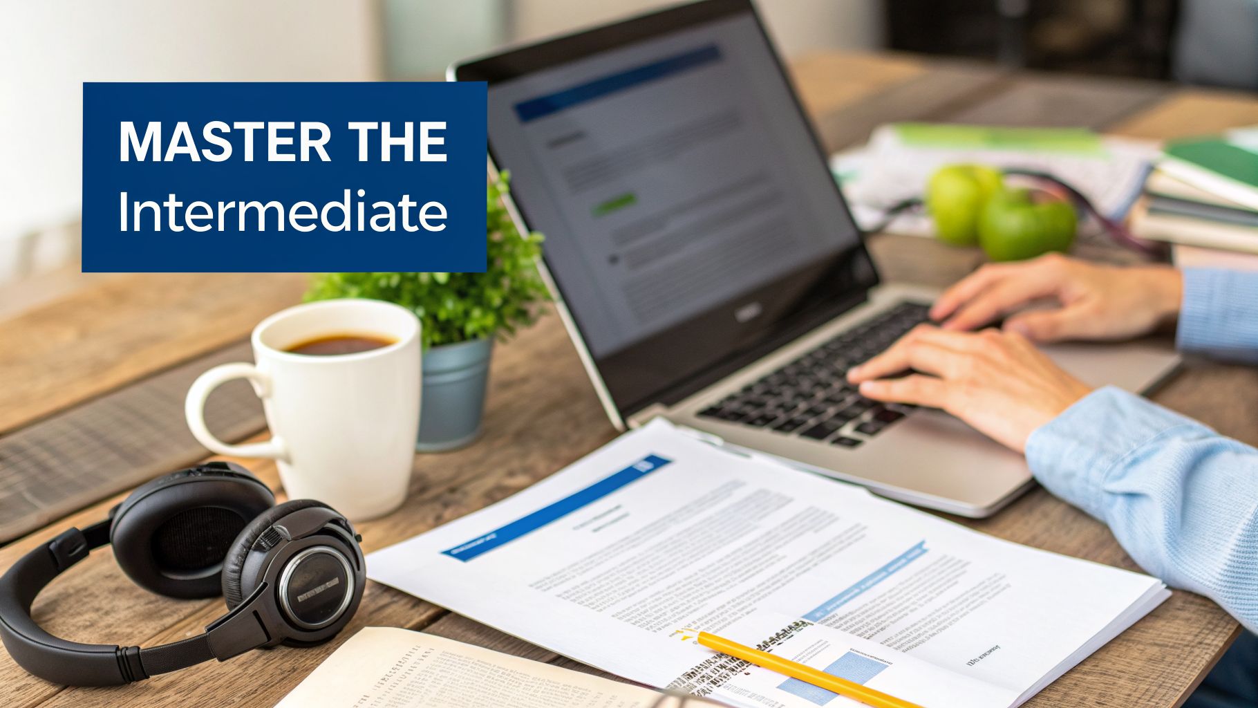 Person studying 'MASTER THE Intermediate' on laptop with documents, coffee, and headphones on a wooden table.