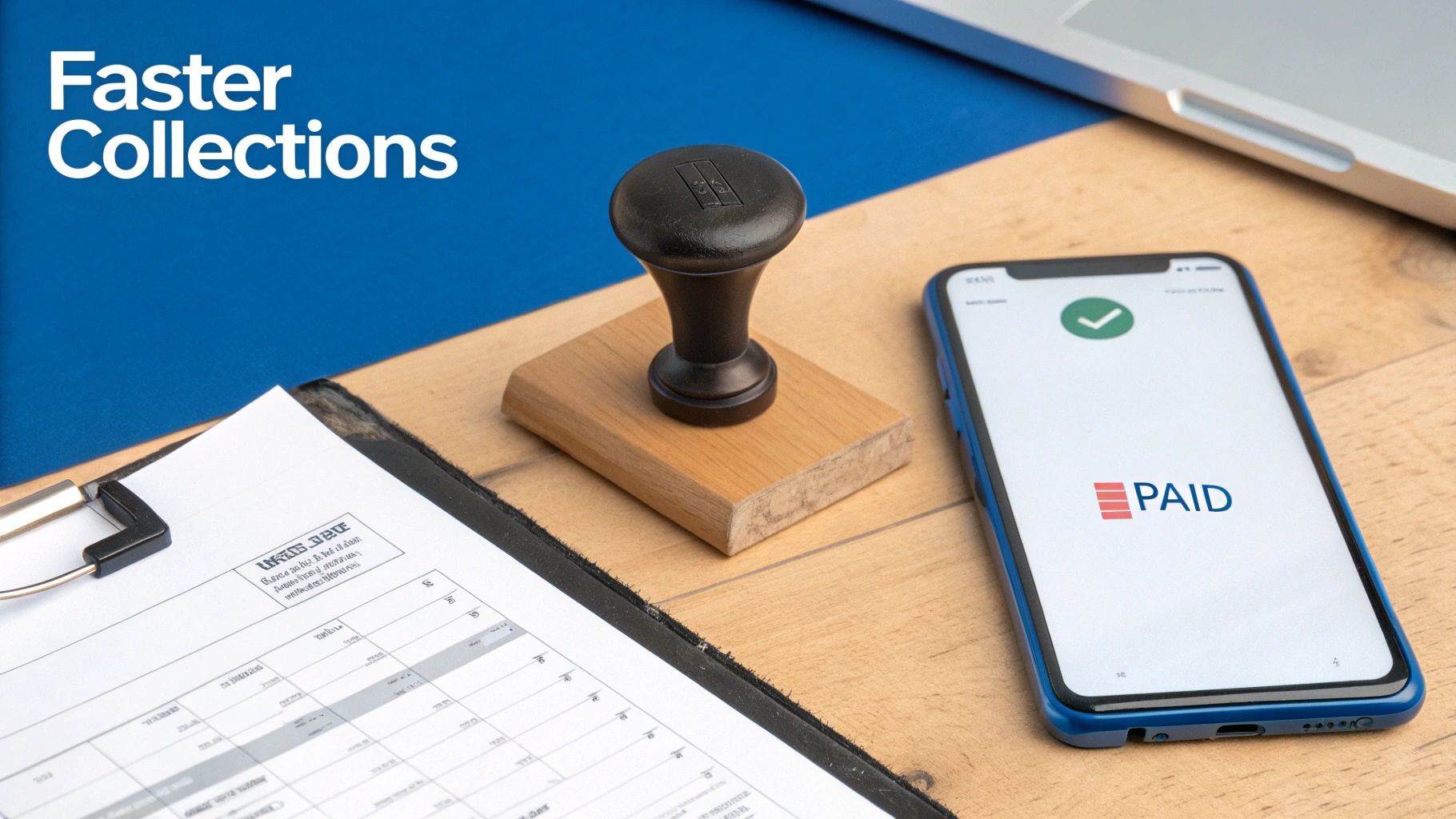Smartphone showing 'PAID' with a checkmark, symbolizing faster collections and efficient financial management with documents and a stamp.
