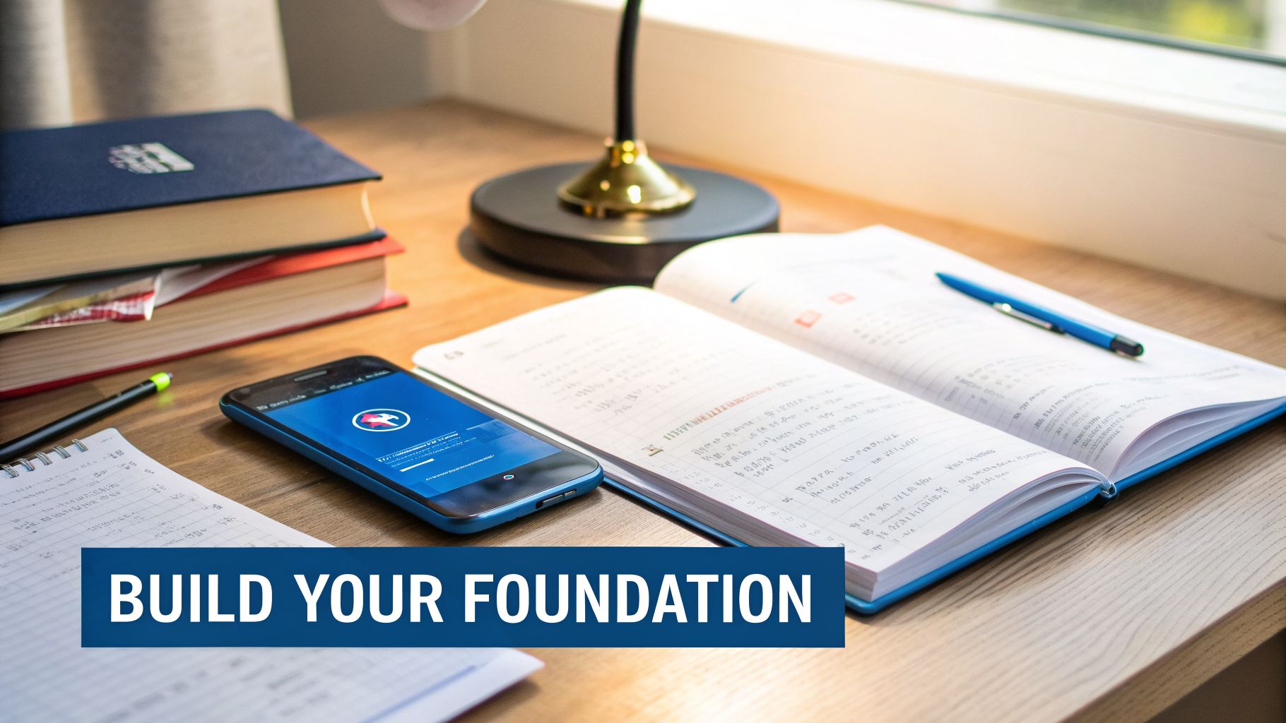 A well-lit study desk with books, notebook, smartphone, and pens, featuring 'BUILD YOUR FOUNDATION' overlay.