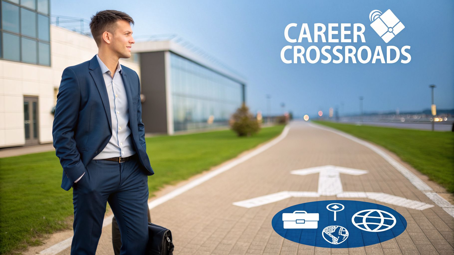 A man in a suit stands on a path with career icons, contemplating career choices.