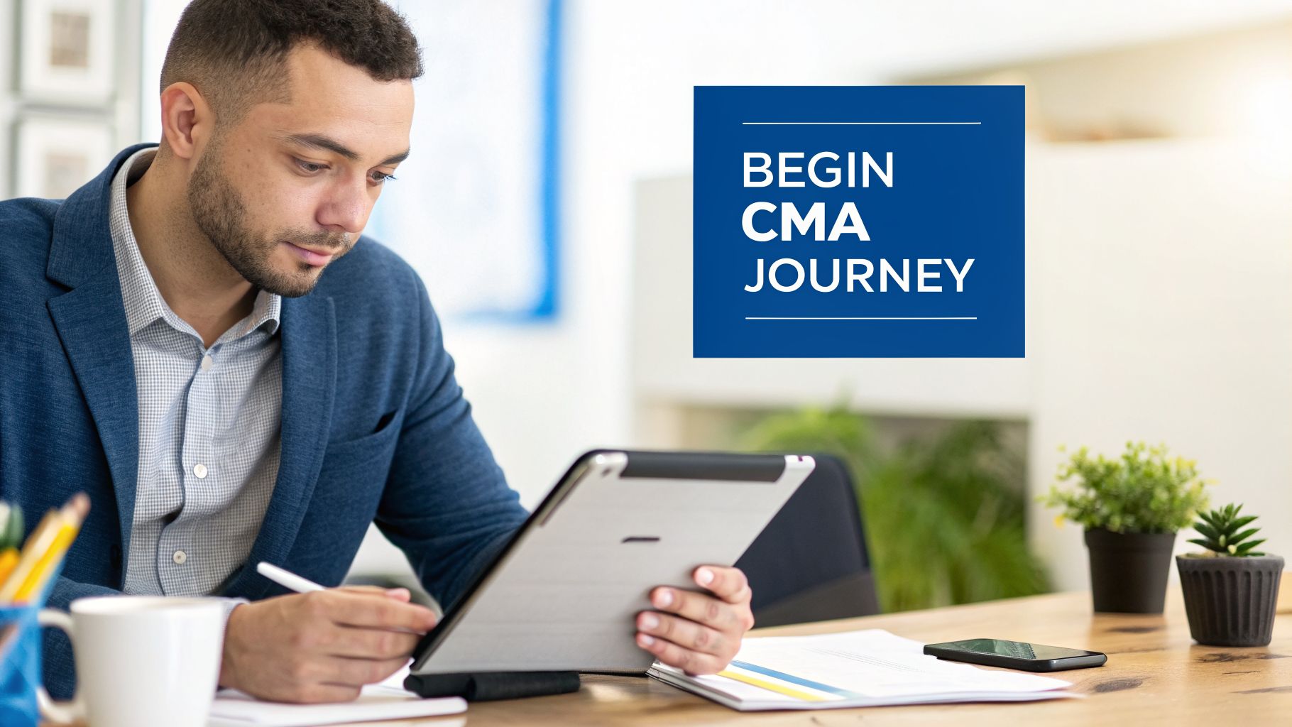 Man studying for CMA certification with a tablet and stylus at a desk.