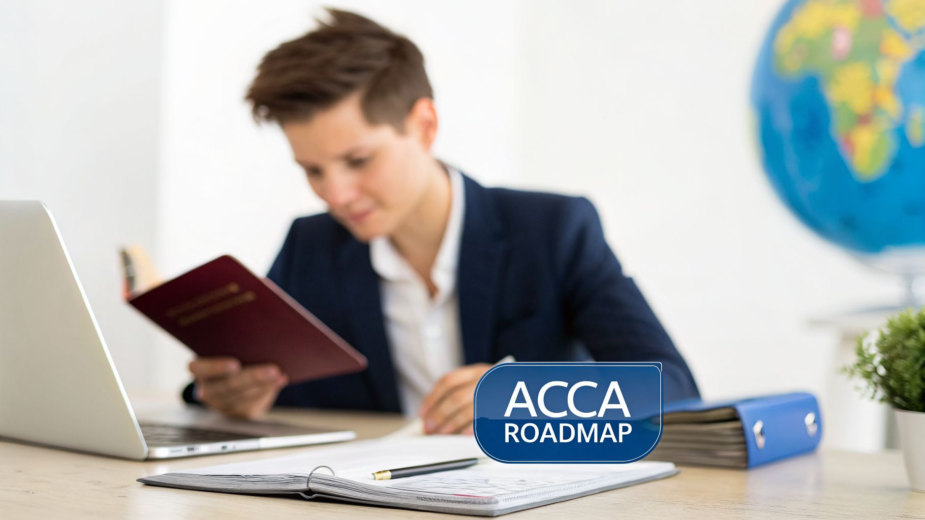 A young man in a suit jacket reads a book at a desk with a laptop, featuring the 'ACCA Roadmap' overlay.