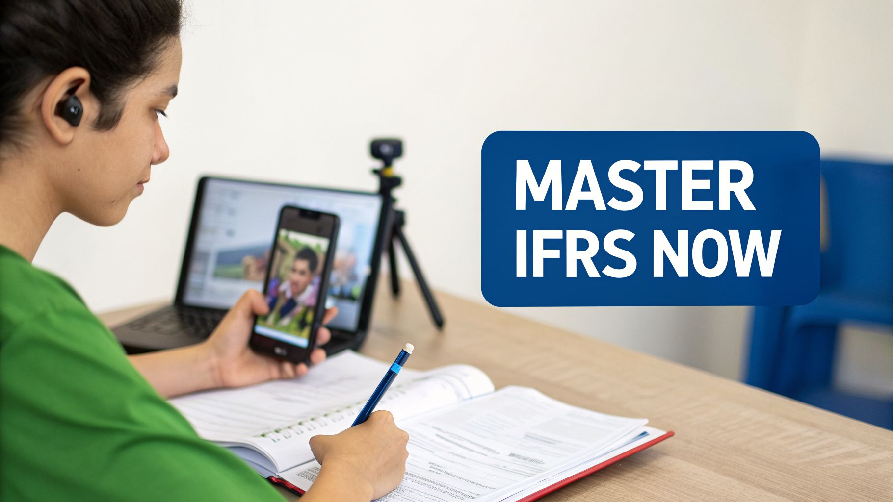 A student with an earbud studies IFRS online using a smartphone, laptop, and notebook.