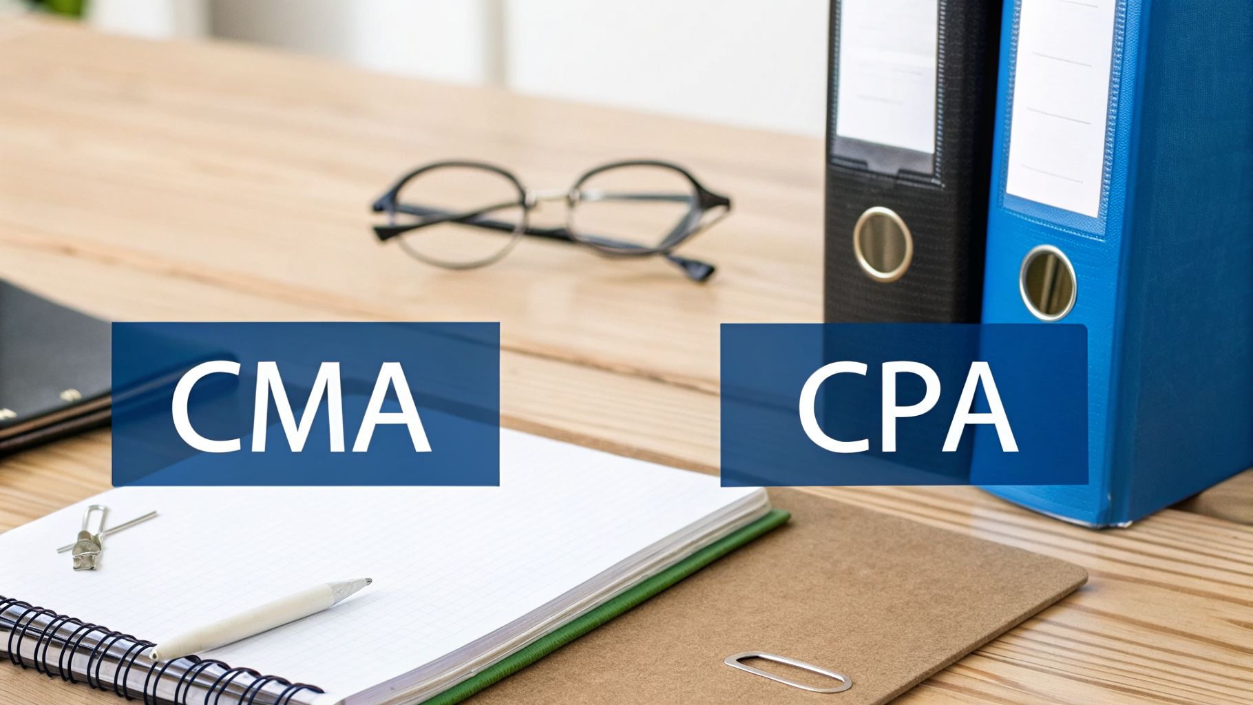 A professional desk setup featuring binders, glasses, and a notebook, comparing CMA and CPA certifications.