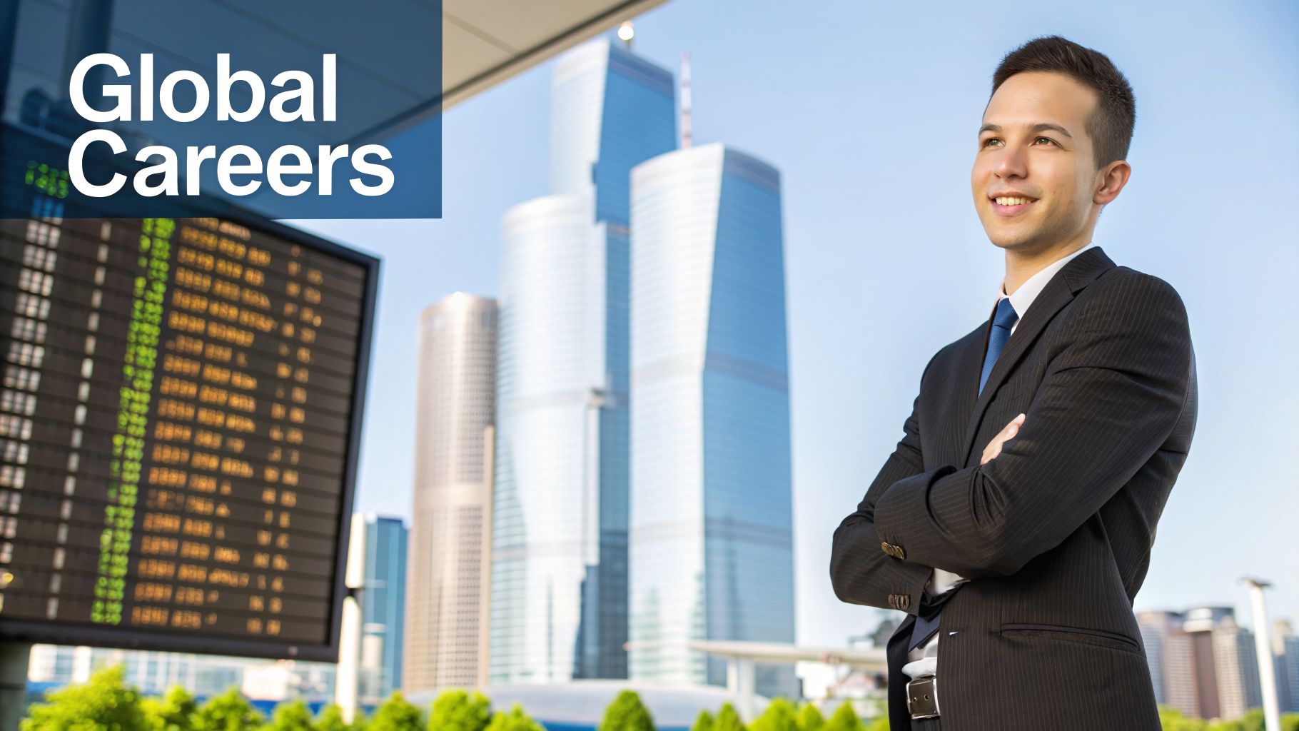 A smiling young businessman with crossed arms stands against modern skyscrapers, with 'Global Careers' text overlay.