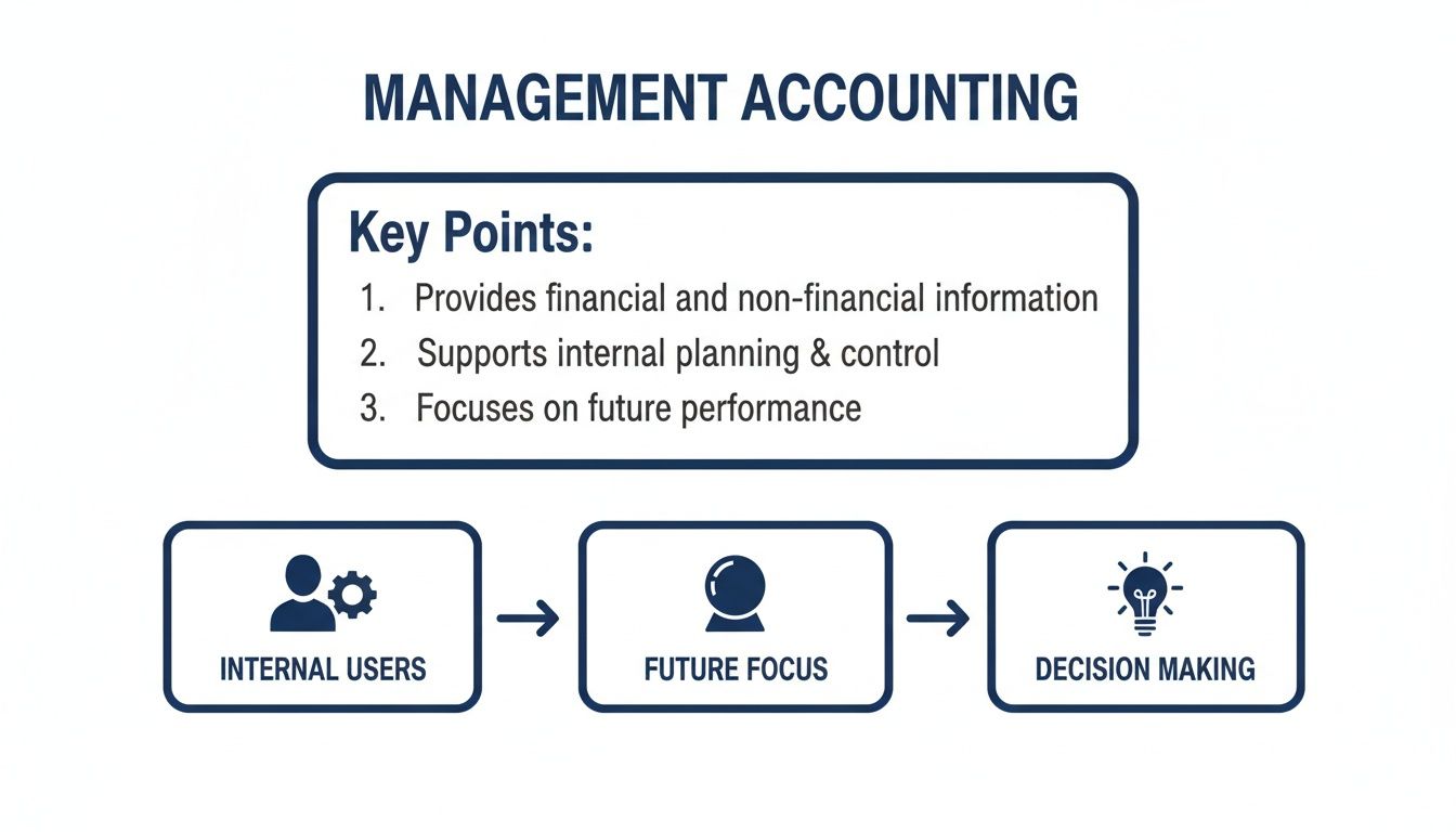Diagram explaining management accounting key points, showing internal users, future focus, and decision making.
