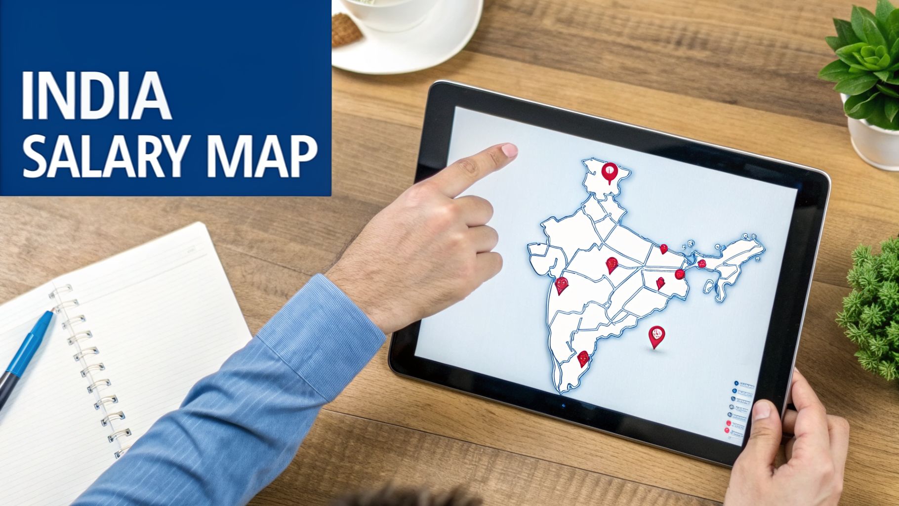 A person points at a tablet displaying an India salary map with red location pins.