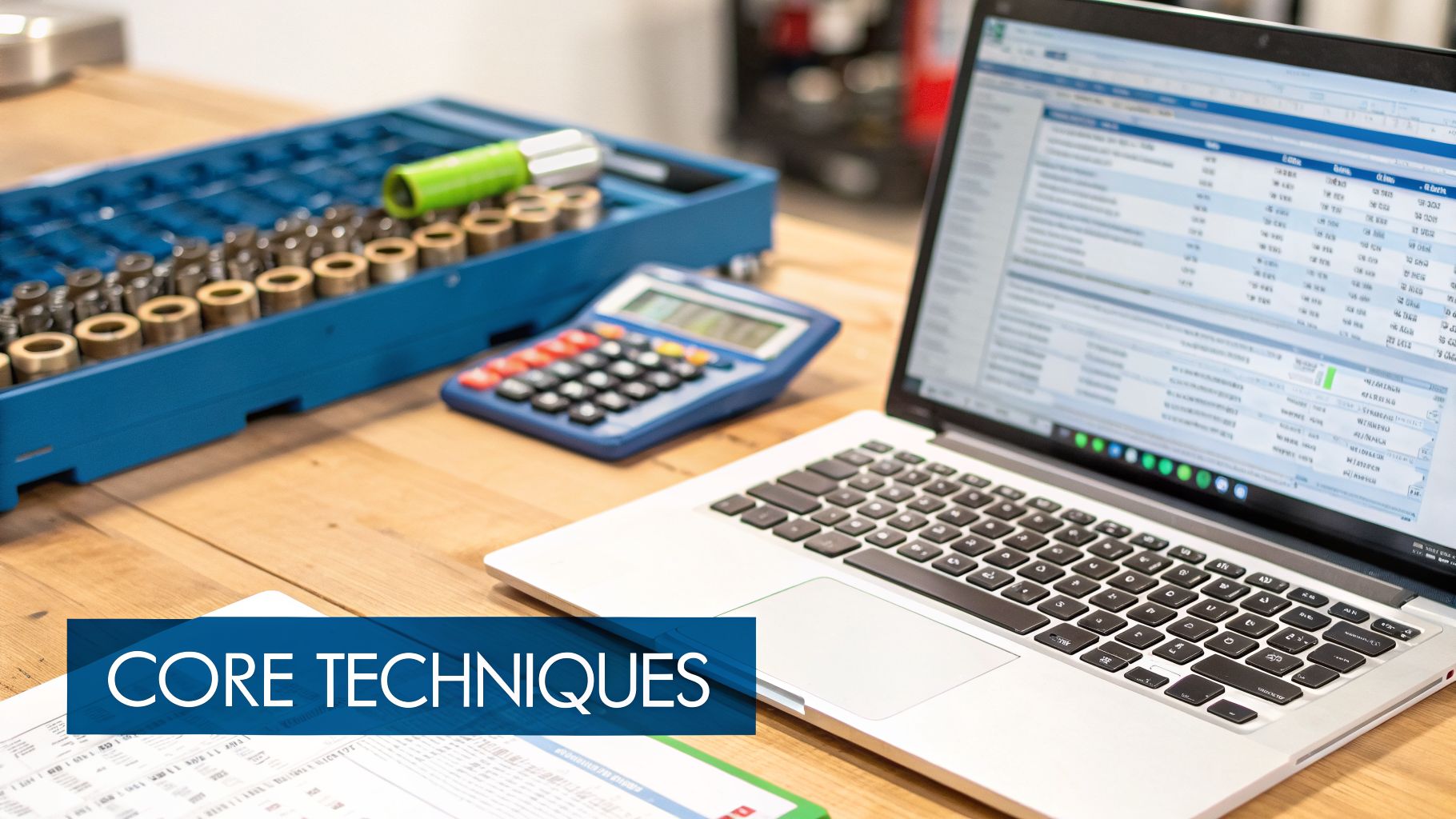 A laptop displaying data, a calculator, and industrial parts on a wooden workbench, suggesting a technical workspace.