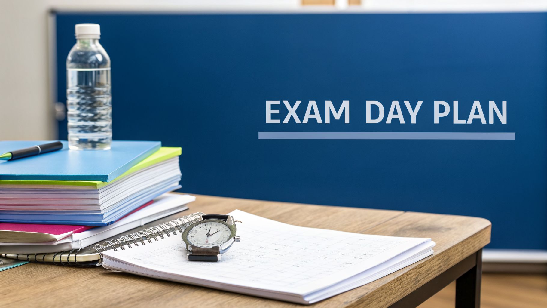 A student's desk with notebooks, a water bottle, a pen, and a watch, with 'EXAM DAY PLAN' text on a blue board.