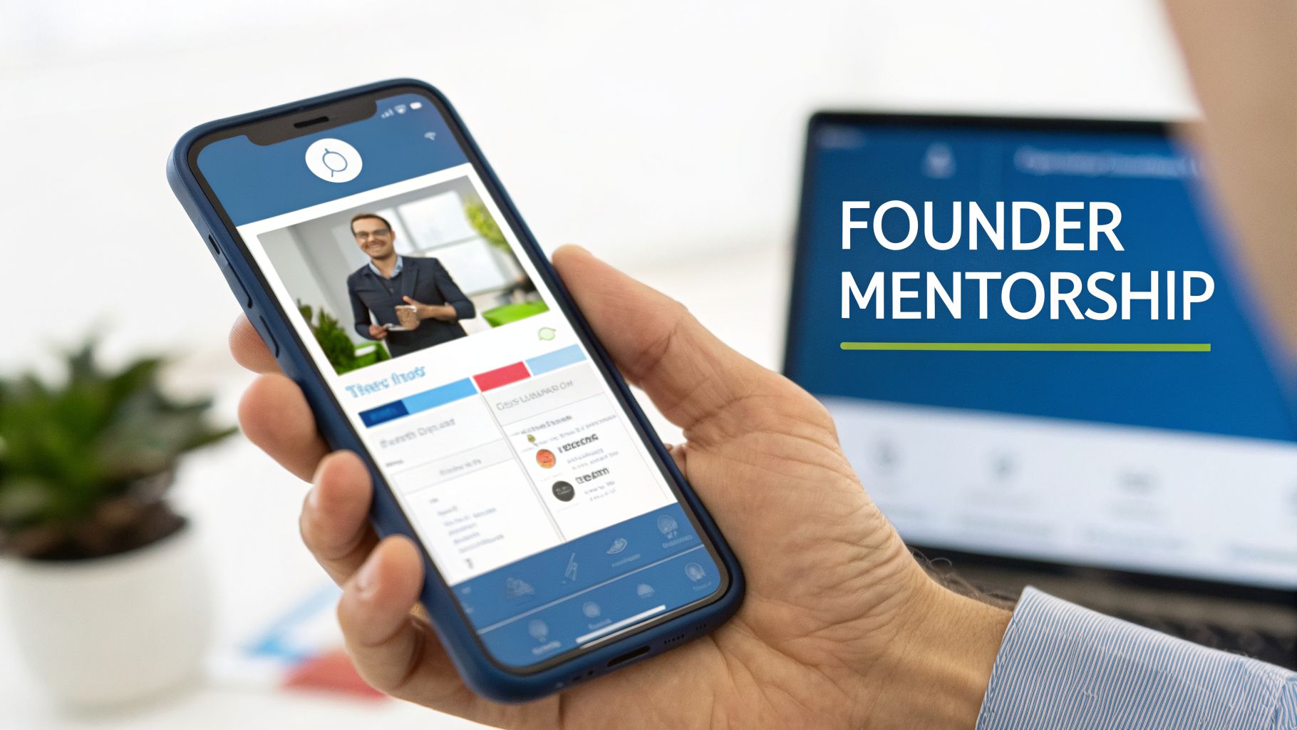 A hand holds a smartphone displaying a founder mentorship app, with 'FOUNDER MENTORSHIP' visible on a laptop screen.