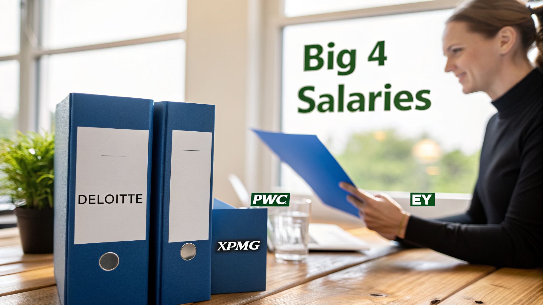 A woman reviews Big 4 accounting firm salaries, with binders for Deloitte, PwC, KPMG, and EY.