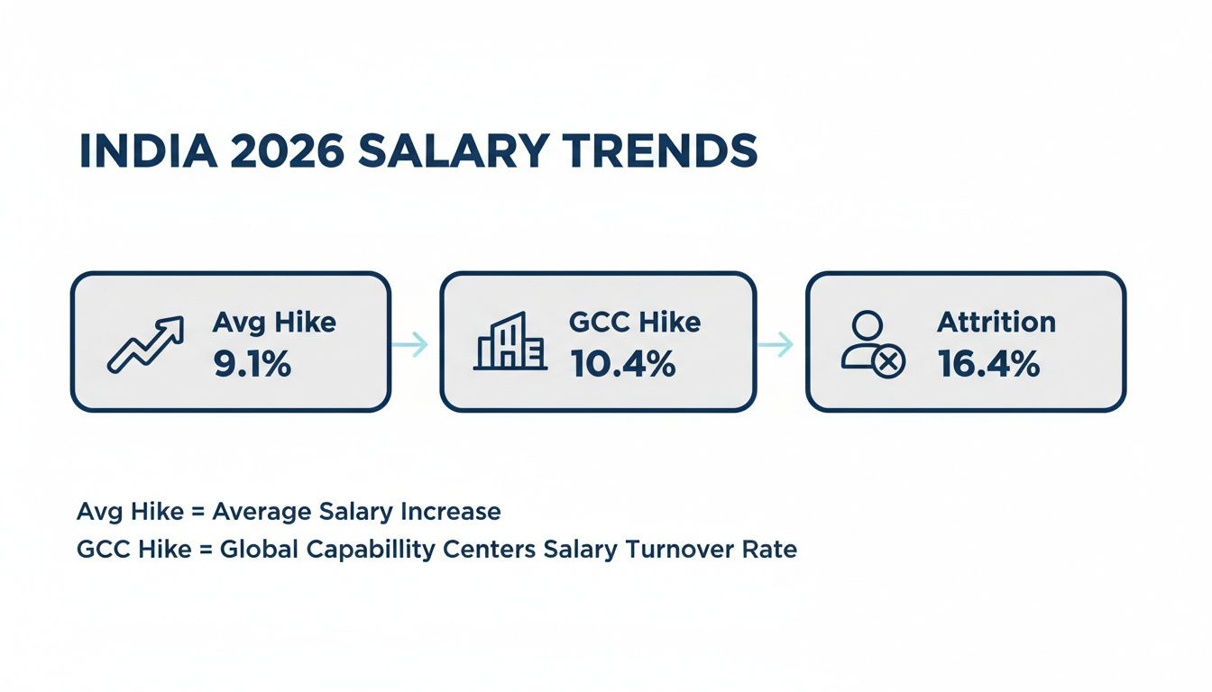 India 2026 salary trends infographic showing average hike, GCC hike, and attrition rates.